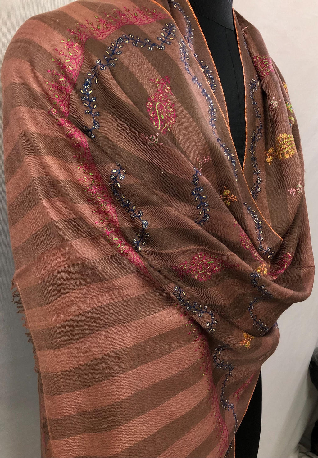 Rustic Clove Brown Handmade Stripes Real Pashmina Stole with Multiple Modern Embroidery Designs - Mehraj Crafts 