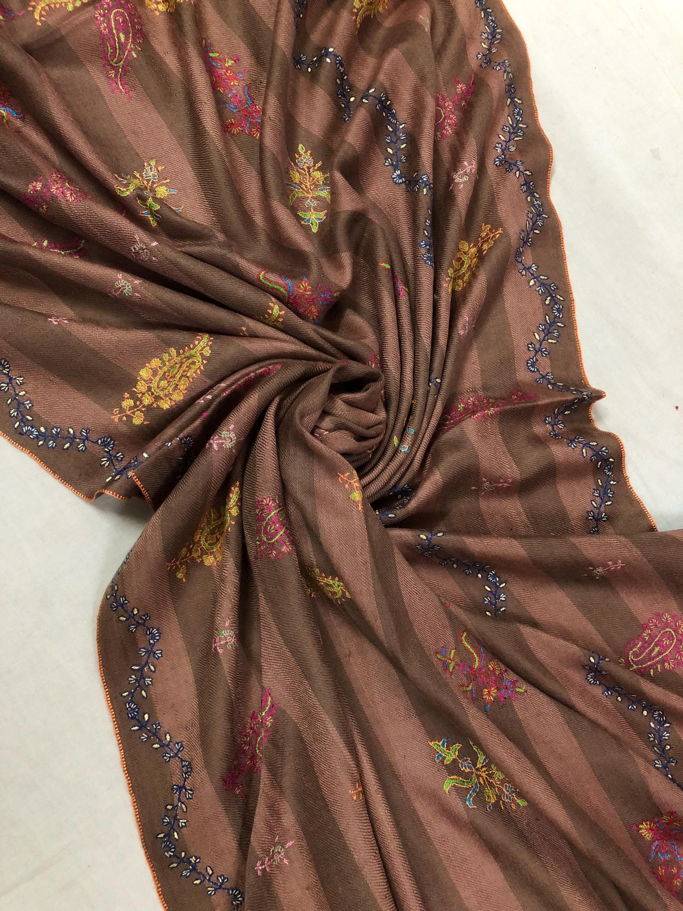 Rustic Clove Brown Handmade Stripes Real Pashmina Stole with Multiple Modern Embroidery Designs - Mehraj Crafts 