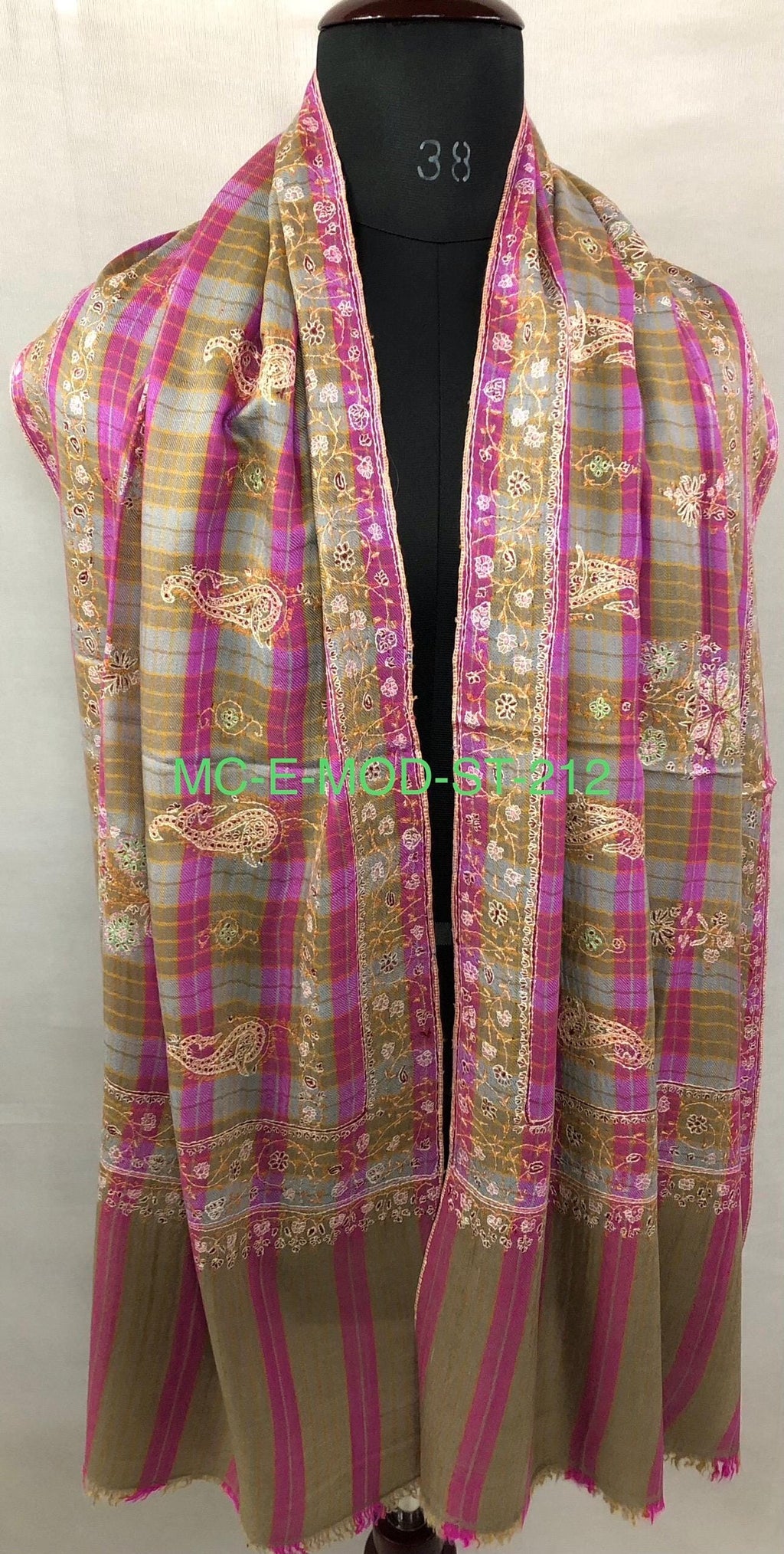 Pink and Brown Tattersall Checkered Sozni Fine Modern Embroidery Pure Pashmina Stole - Mehraj Crafts 