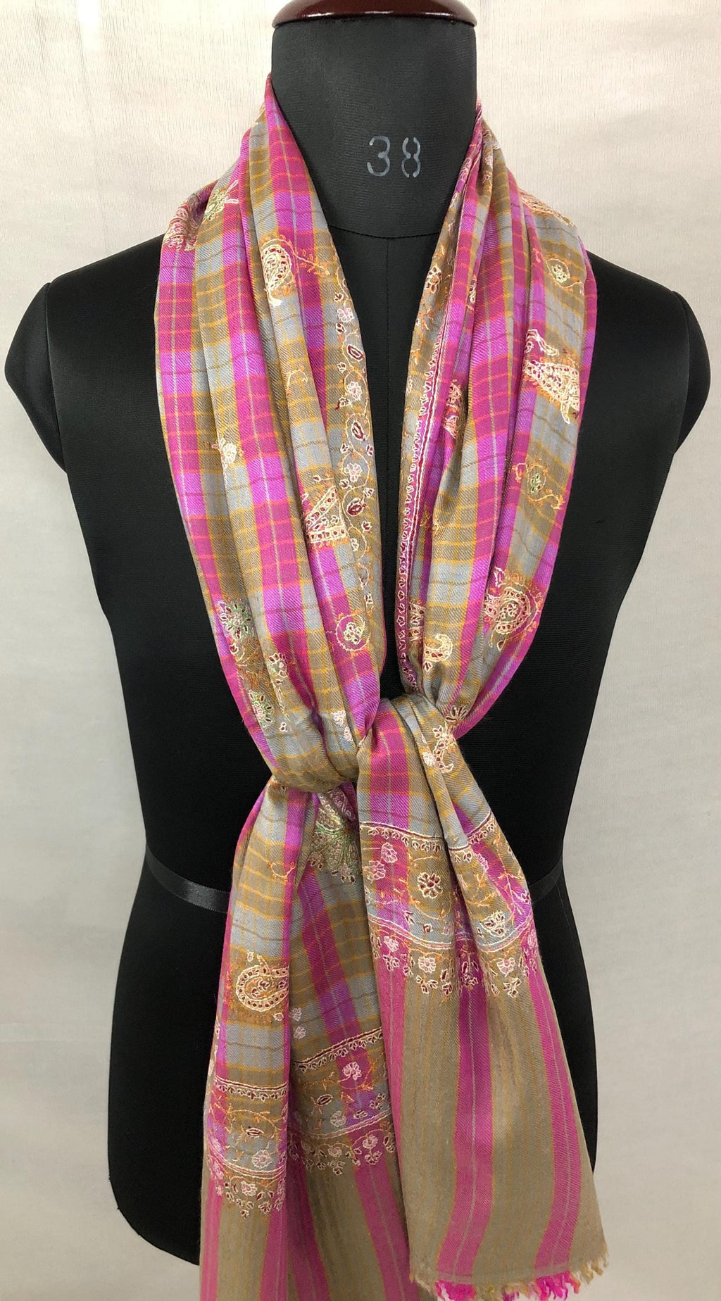 Pink and Brown Tattersall Checkered Sozni Fine Modern Embroidery Pure Pashmina Stole - Mehraj Crafts 