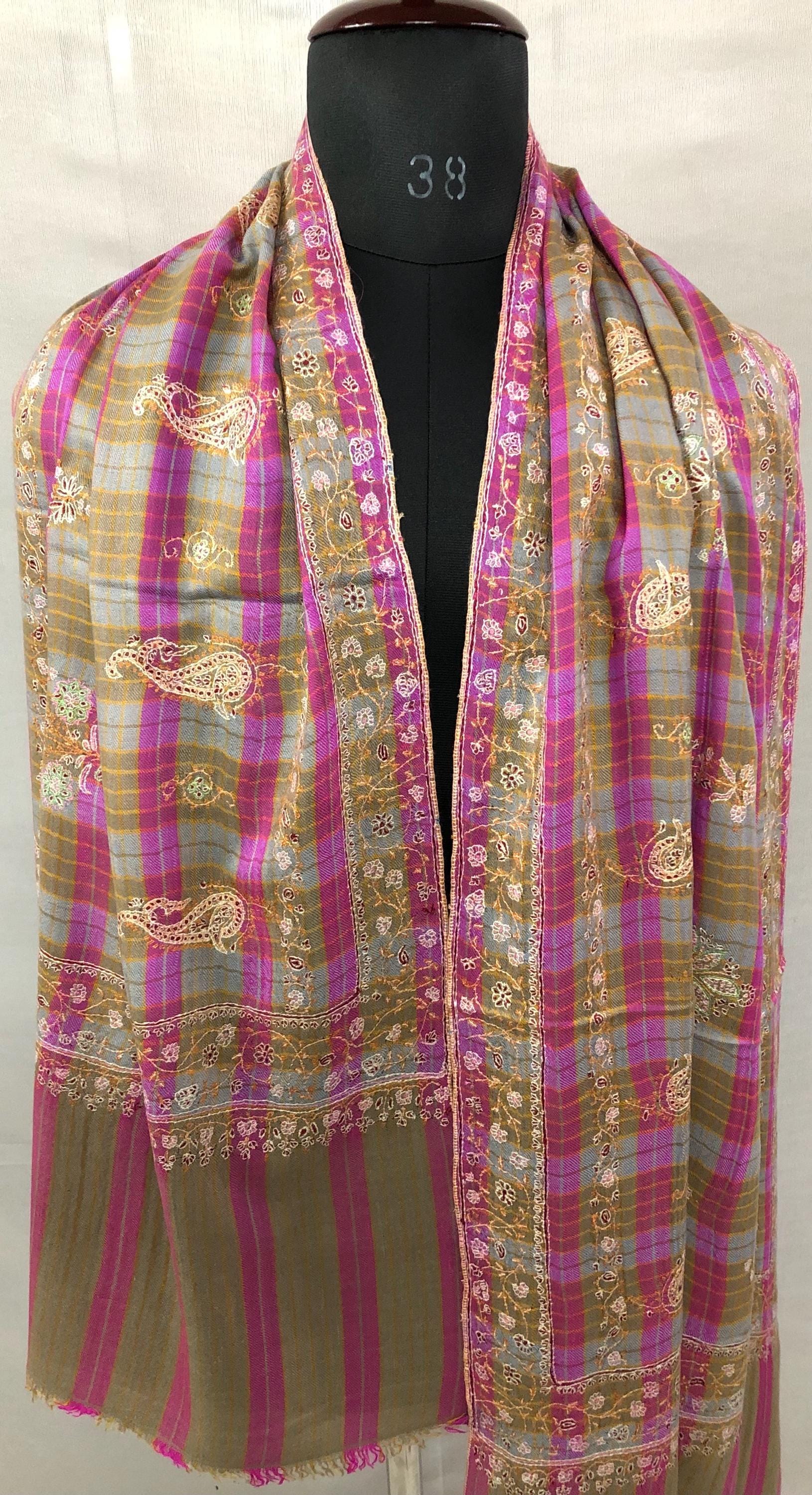 Pink and Brown Tattersall Checkered Sozni Fine Modern Embroidery Pure Pashmina Stole - Mehraj Crafts 