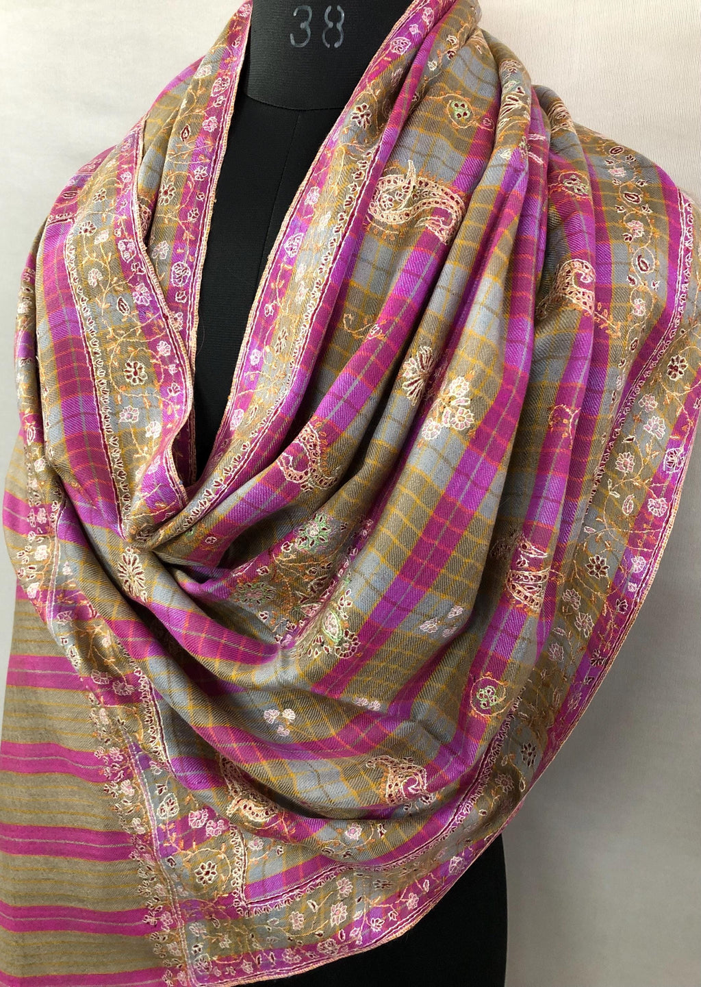Pink and Brown Tattersall Checkered Sozni Fine Modern Embroidery Pure Pashmina Stole - Mehraj Crafts 