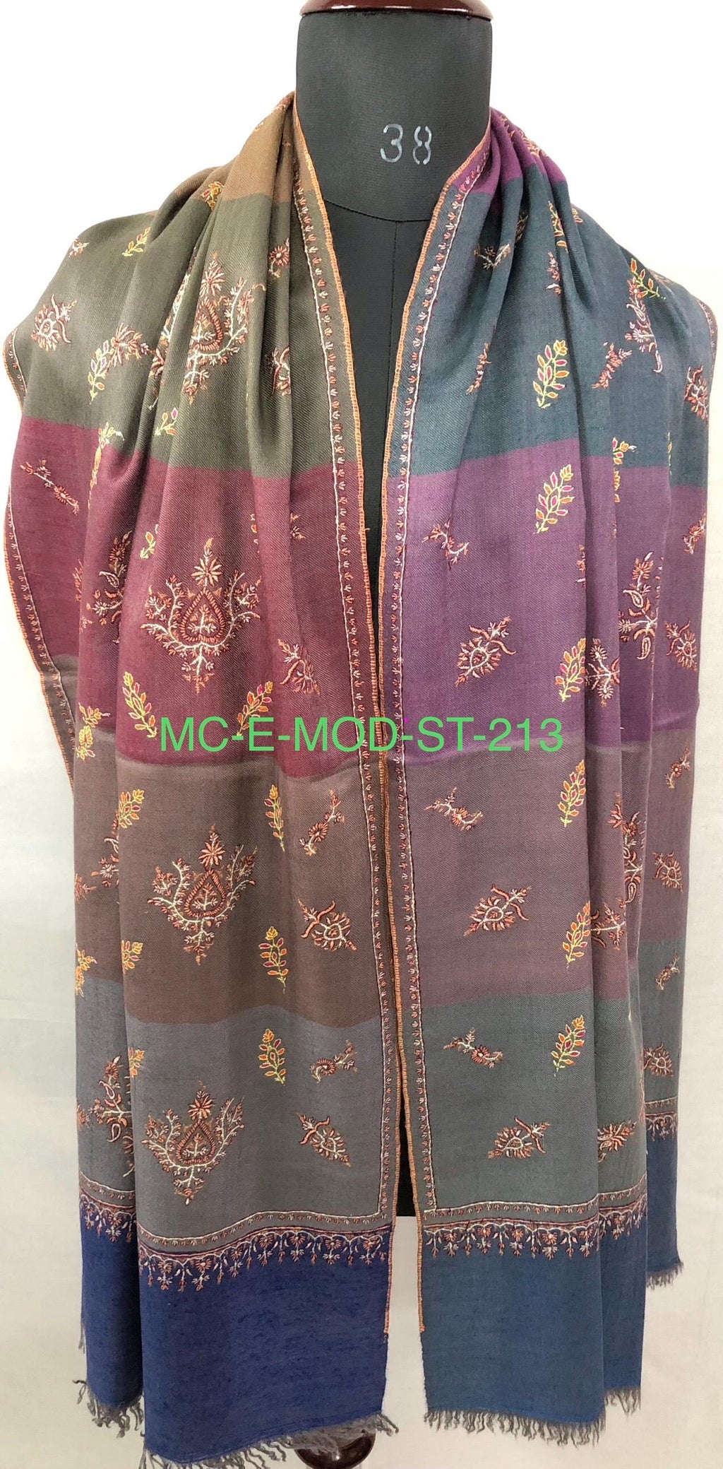 Multicoloured Big Stripes Handmade Super Micro Fine Embroidered Real Cashmere Pashmina Stole - Mehraj Crafts 