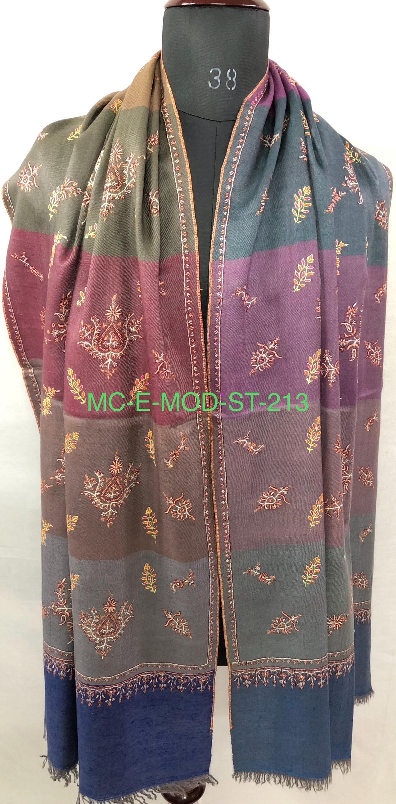 Multicoloured Big Stripes Handmade Super Micro Fine Embroidered Real Cashmere Pashmina Stole - Mehraj Crafts 