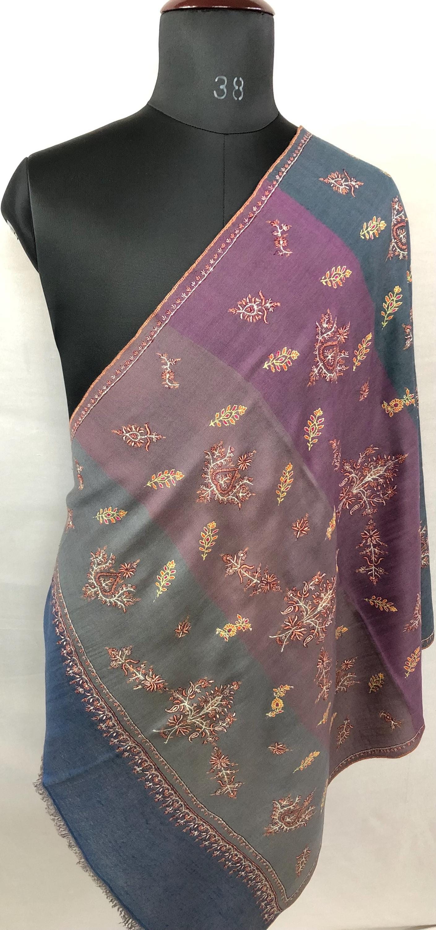 Multicoloured Big Stripes Handmade Super Micro Fine Embroidered Real Cashmere Pashmina Stole - Mehraj Crafts 