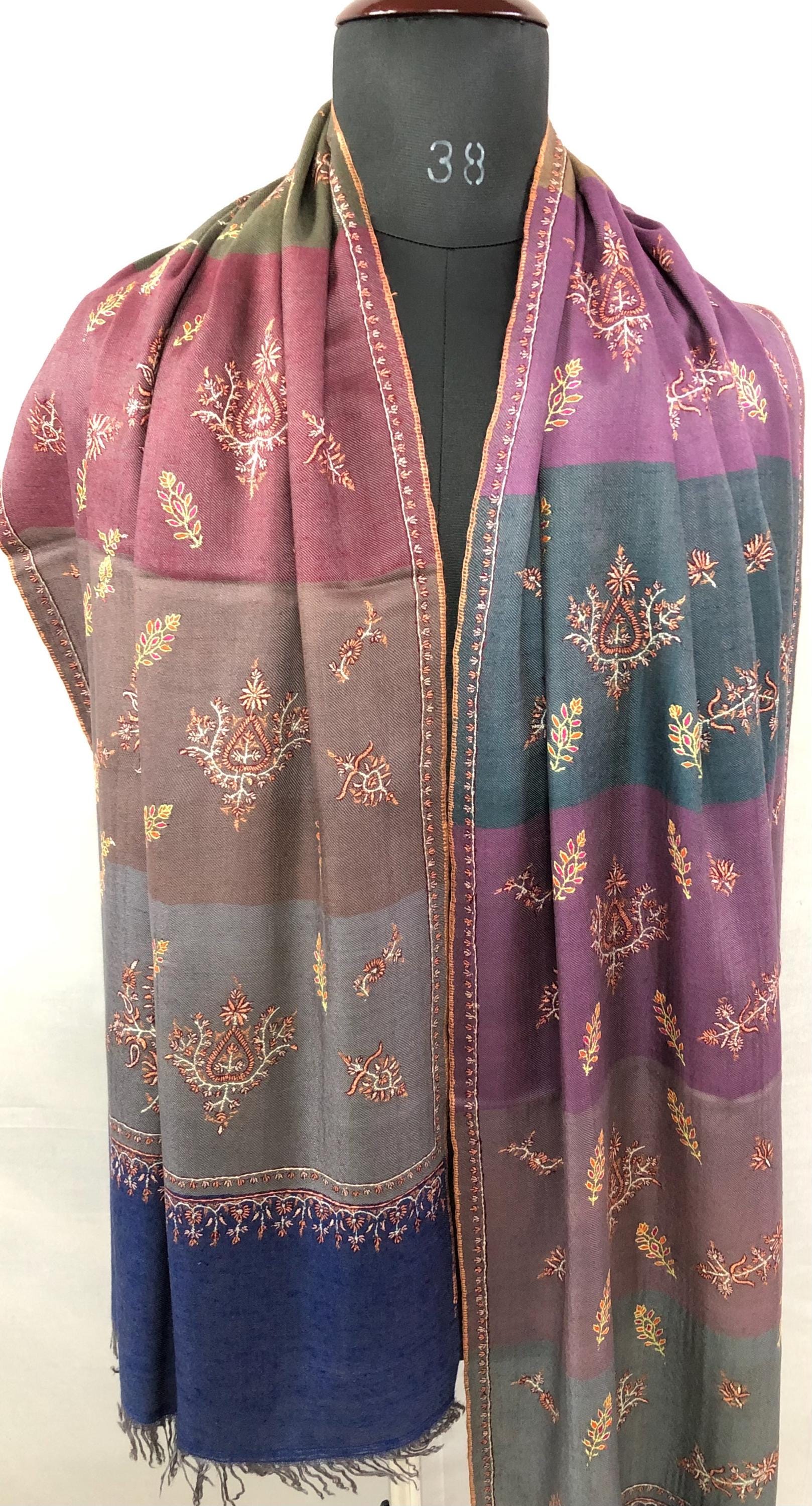 Multicoloured Big Stripes Handmade Super Micro Fine Embroidered Real Cashmere Pashmina Stole - Mehraj Crafts 