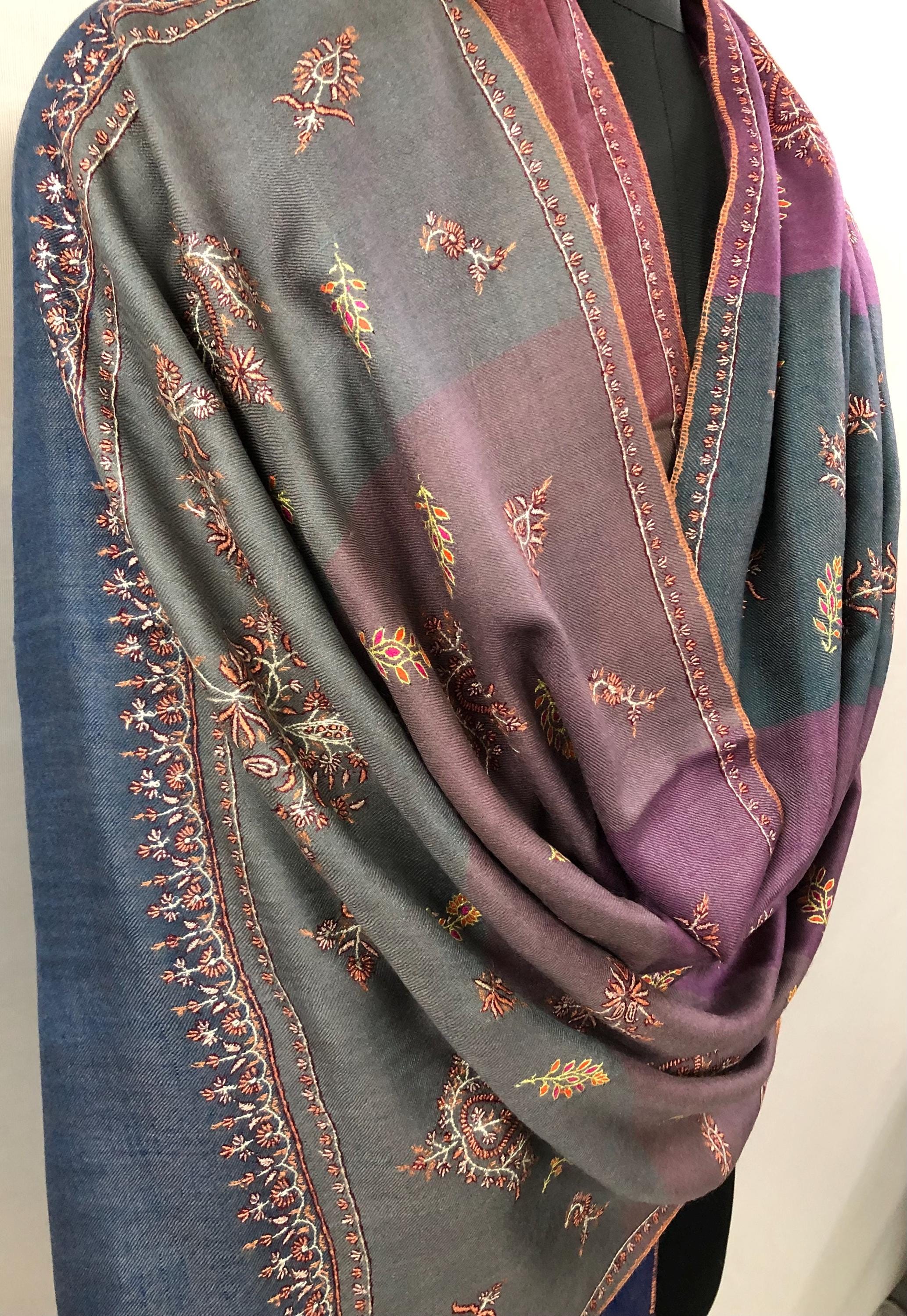 Multicoloured Big Stripes Handmade Super Micro Fine Embroidered Real Cashmere Pashmina Stole - Mehraj Crafts 