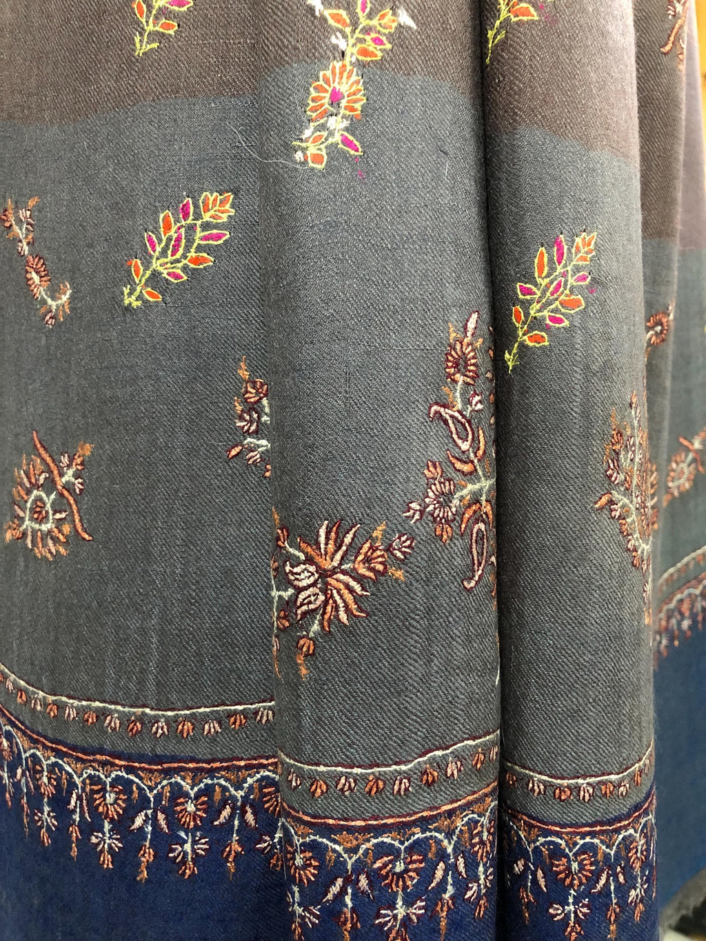 Multicoloured Big Stripes Handmade Super Micro Fine Embroidered Real Cashmere Pashmina Stole - Mehraj Crafts 