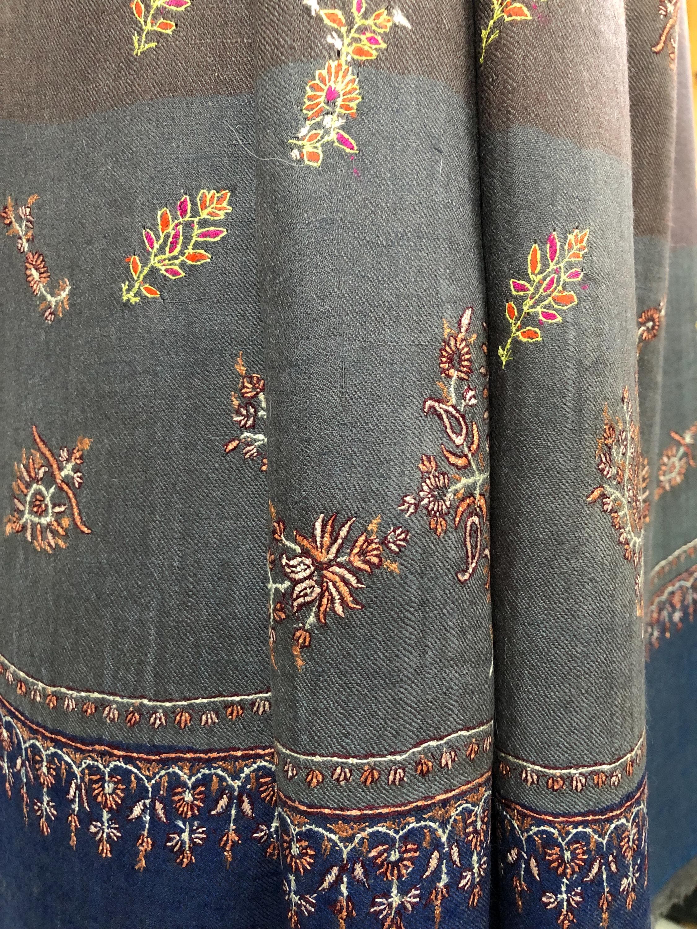 Multicoloured Big Stripes Handmade Super Micro Fine Embroidered Real Cashmere Pashmina Stole - Mehraj Crafts 