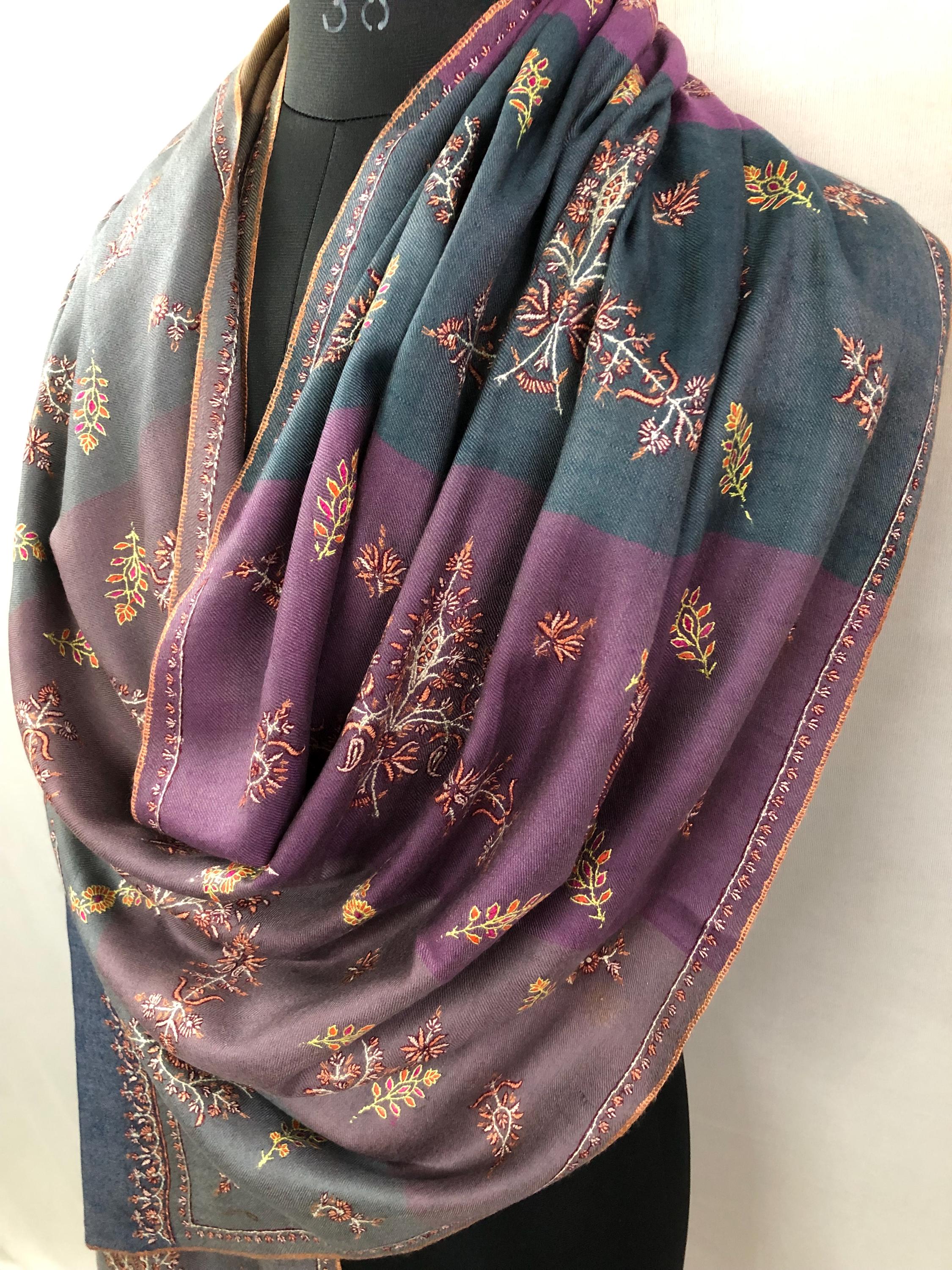 Multicoloured Big Stripes Handmade Super Micro Fine Embroidered Real Cashmere Pashmina Stole - Mehraj Crafts 