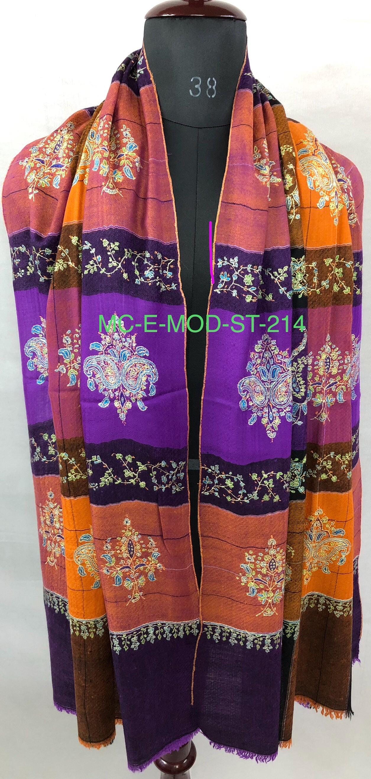 Handmade Embroidered Pashmina Stole: Multicoloured Plaid Cashmere Shawl