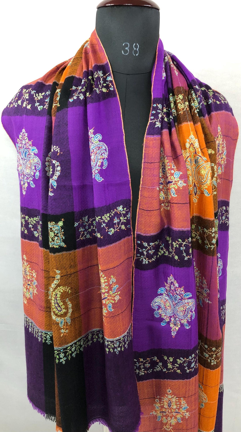 Handmade Embroidered Pashmina Stole: Multicoloured Plaid Cashmere Shawl