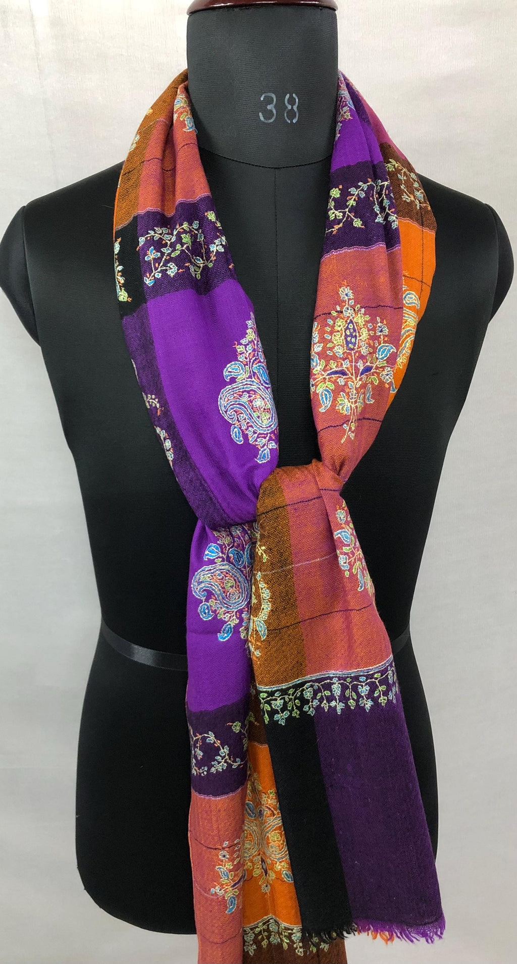 Handmade Embroidered Pashmina Stole: Multicoloured Plaid Cashmere Shawl
