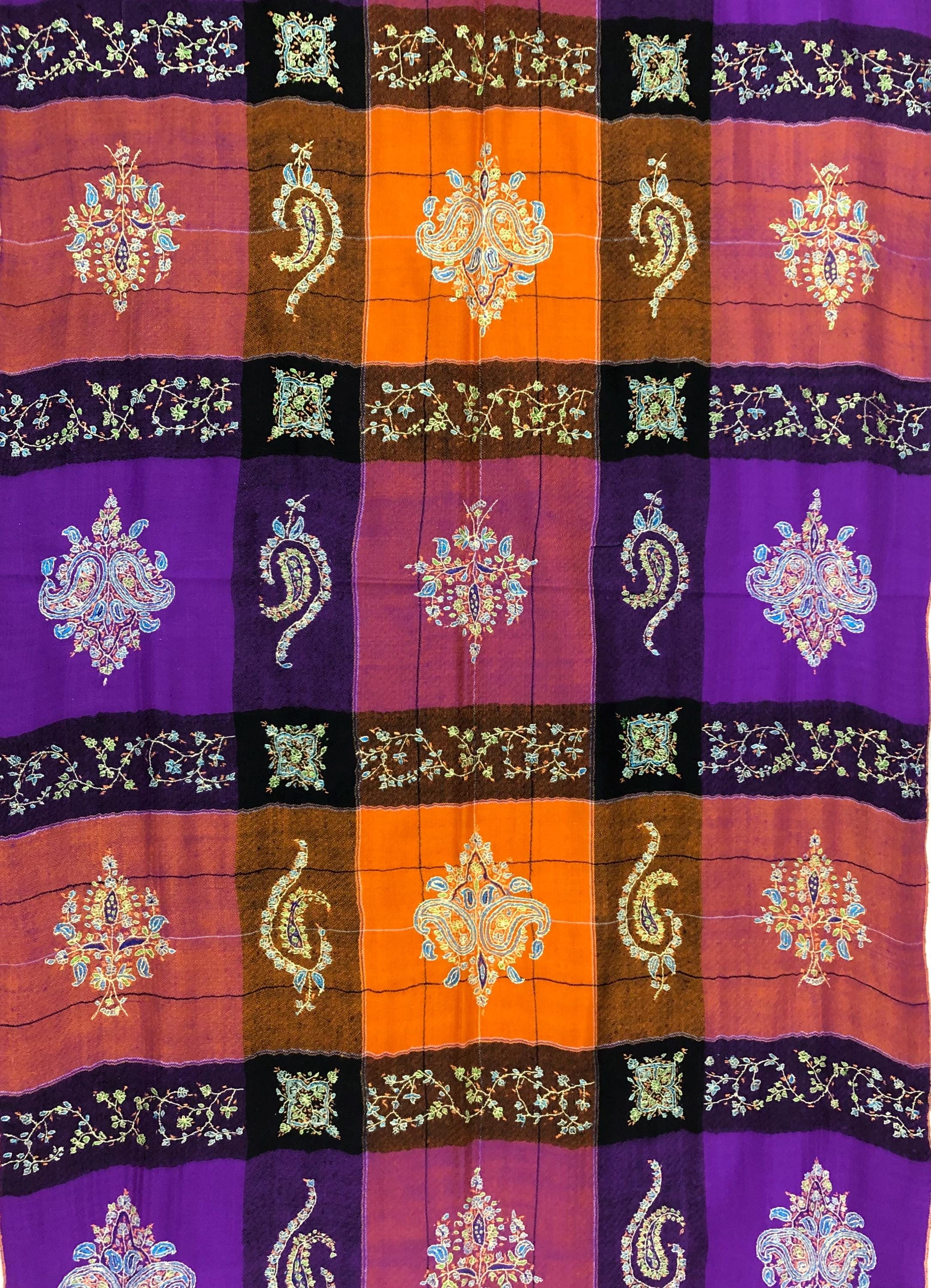 Multicoloured Plaid Check Pattern Handmade Microfine Embroidered Real Pashmina Stole - Mehraj Crafts 