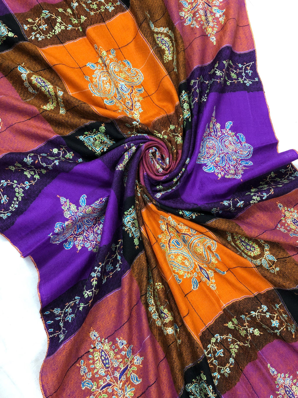 Multicoloured Plaid Check Pattern Handmade Microfine Embroidered Real Pashmina Stole - Mehraj Crafts 