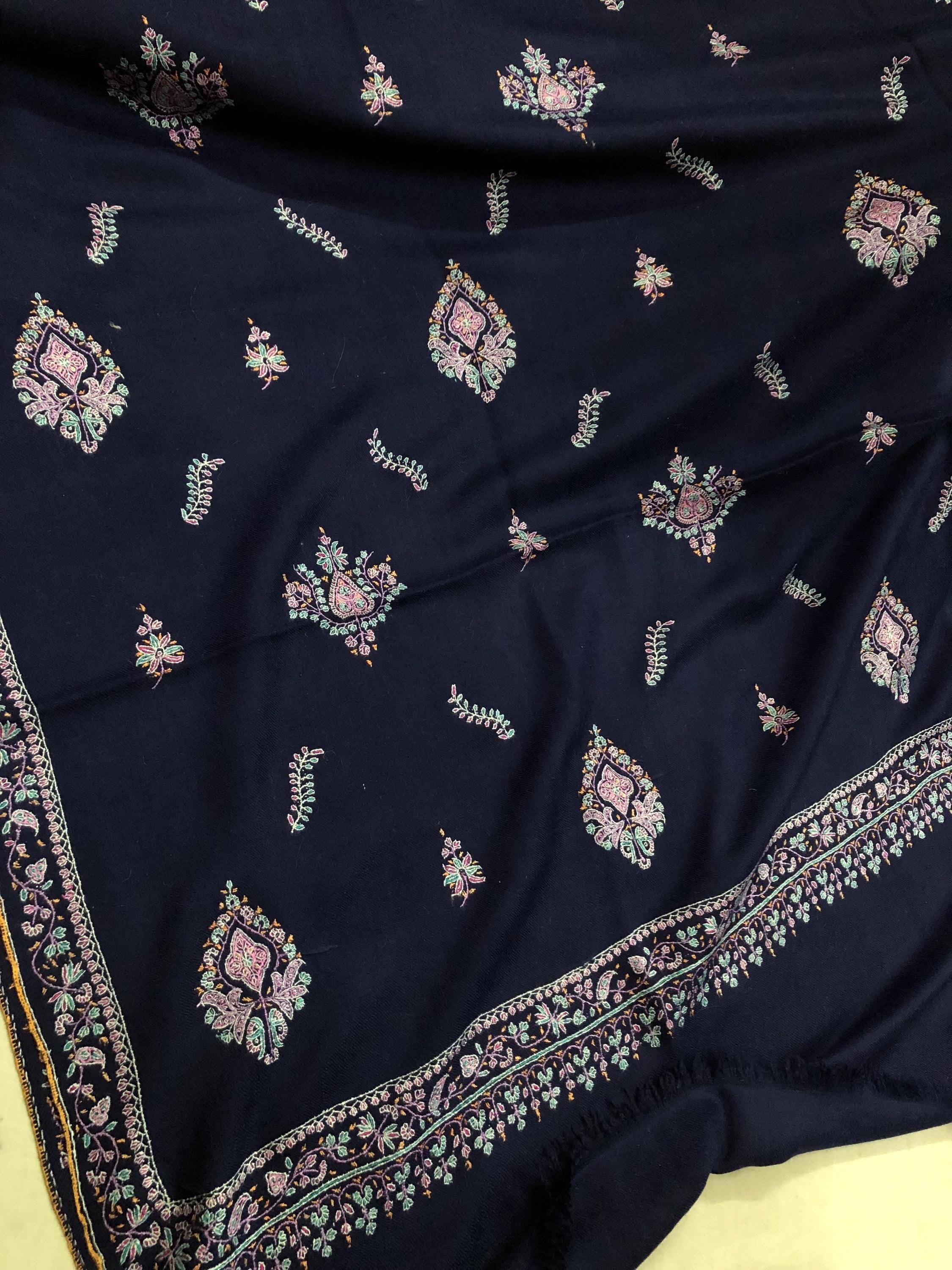 Blue Embroidered Bootidar Handmade Ladakhi Cashmere Pashmina Shawl-100x200 cms