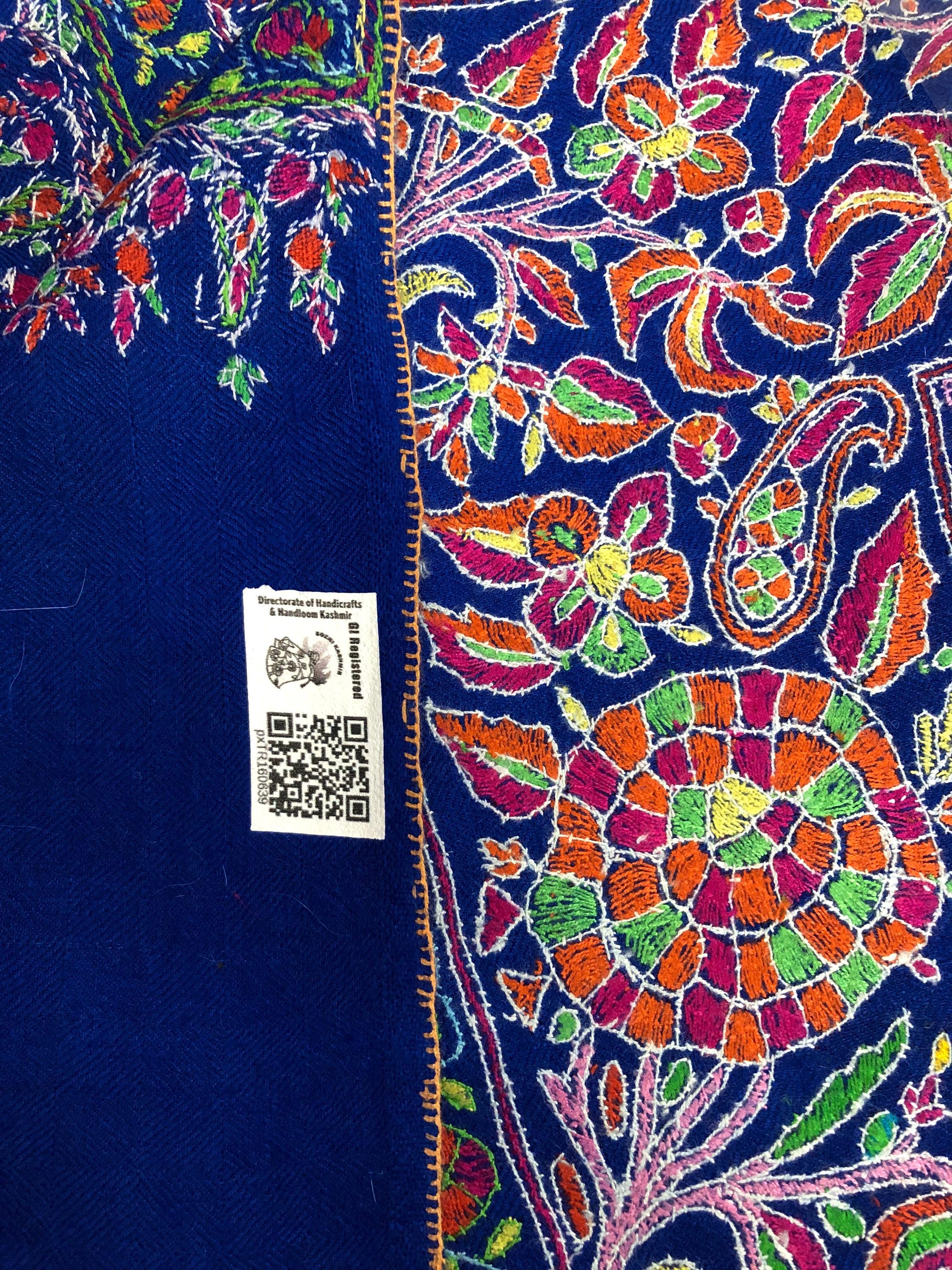 Royal Blue Cashmere Pashmina Shawl: Hand-Embroidered Floral Sozani GI Certified Cashmere