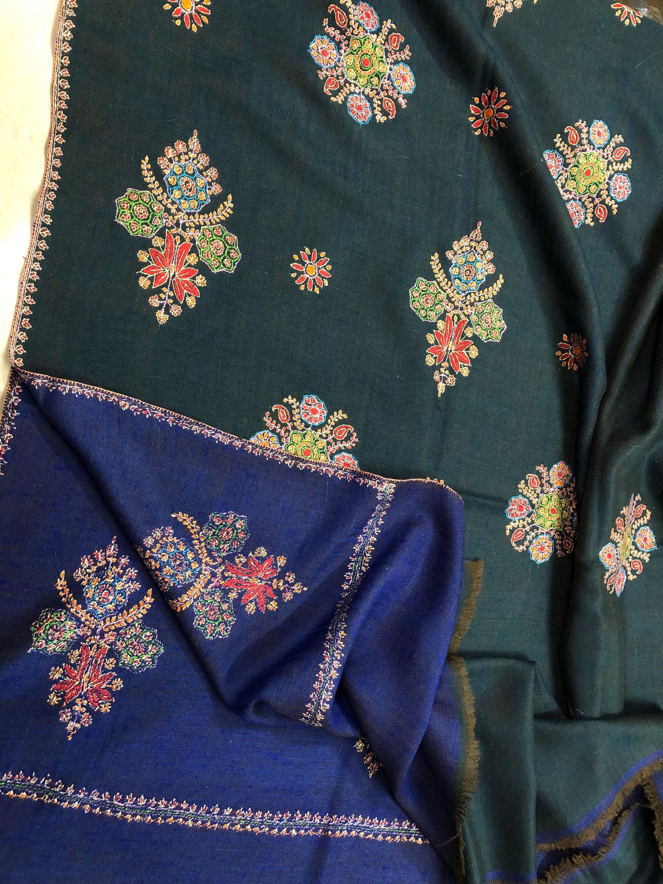 Handcrafted Dual Colour Embroidery Bootidar Ladakhi Cashmere Pashmina Shawl-100X200 cms