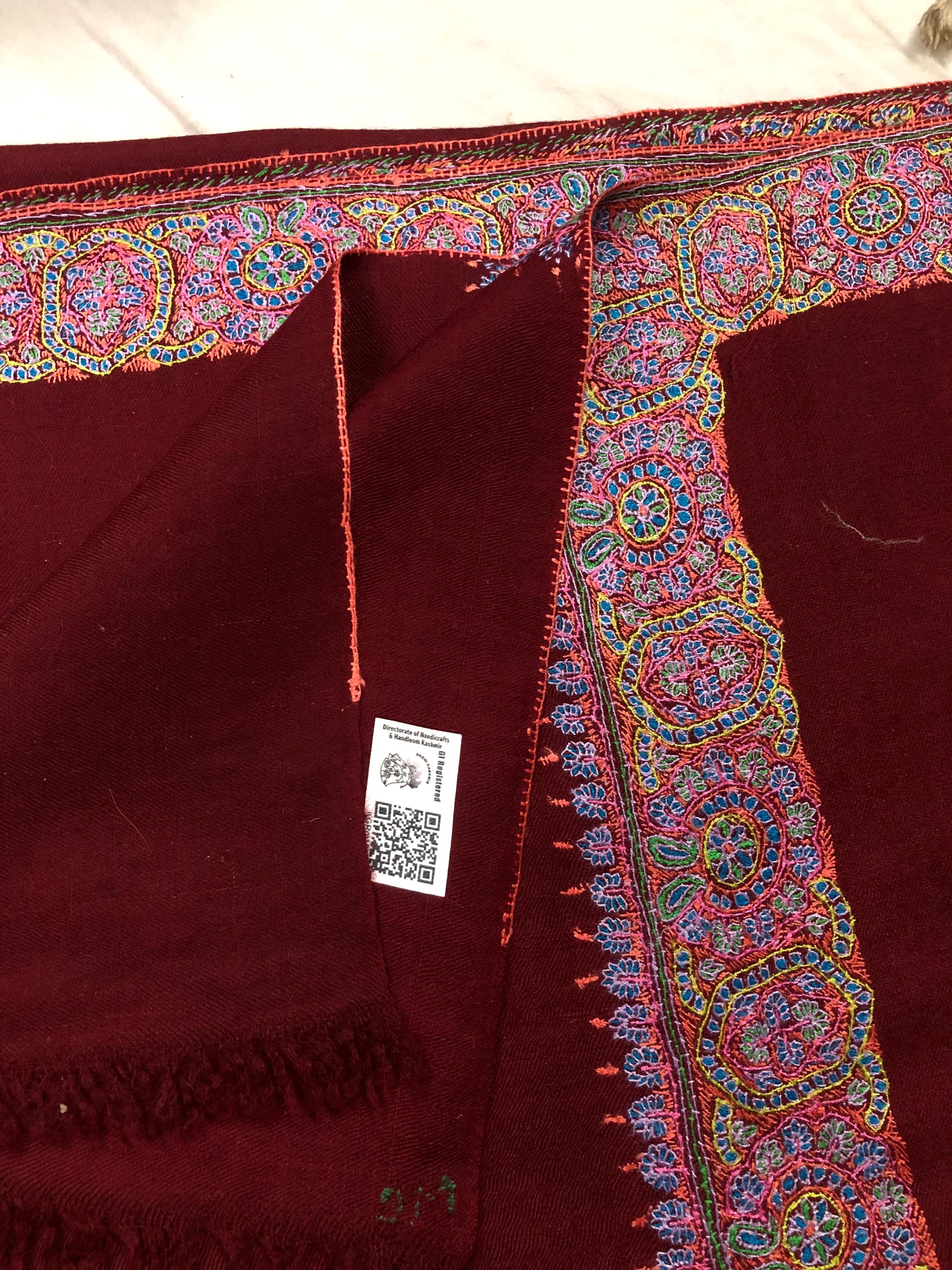 GI Sozani Handcrafted Tibetan Red Cashmere Pashmina Shawl: Sozni Embroidery 100 x 200 cms