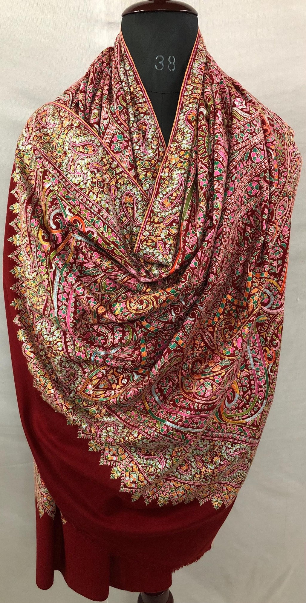 Tibetan Red GI Sozani Handcrafted Paisley Paradise Exclusive Bridal Wedding Real Pashmina Jamawar Shawl/100*204 cms