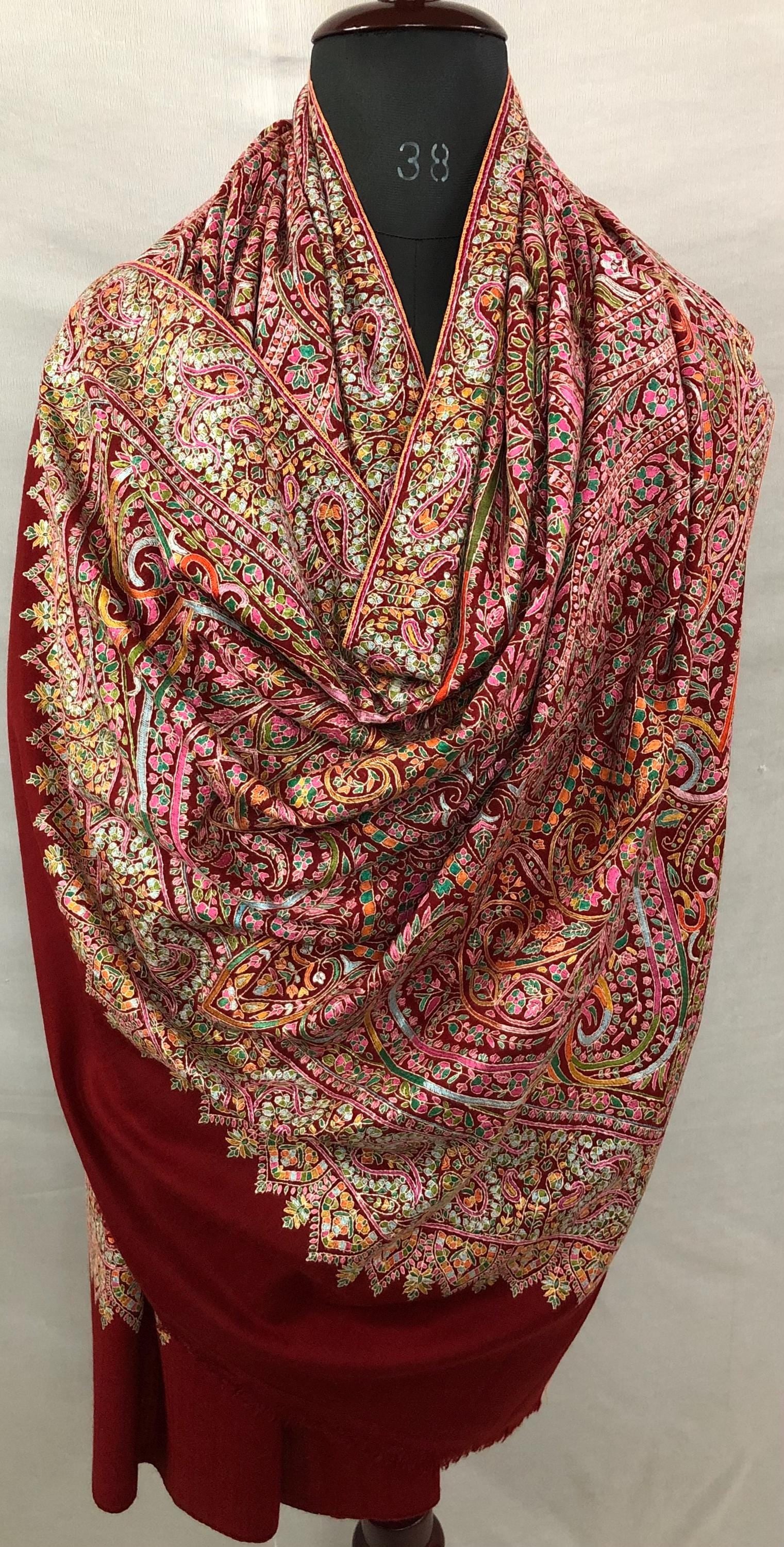 Tibetan Red GI Sozani Handcrafted Paisley Paradise Exclusive Bridal Wedding Real Pashmina Jamawar Shawl/100*204 cms