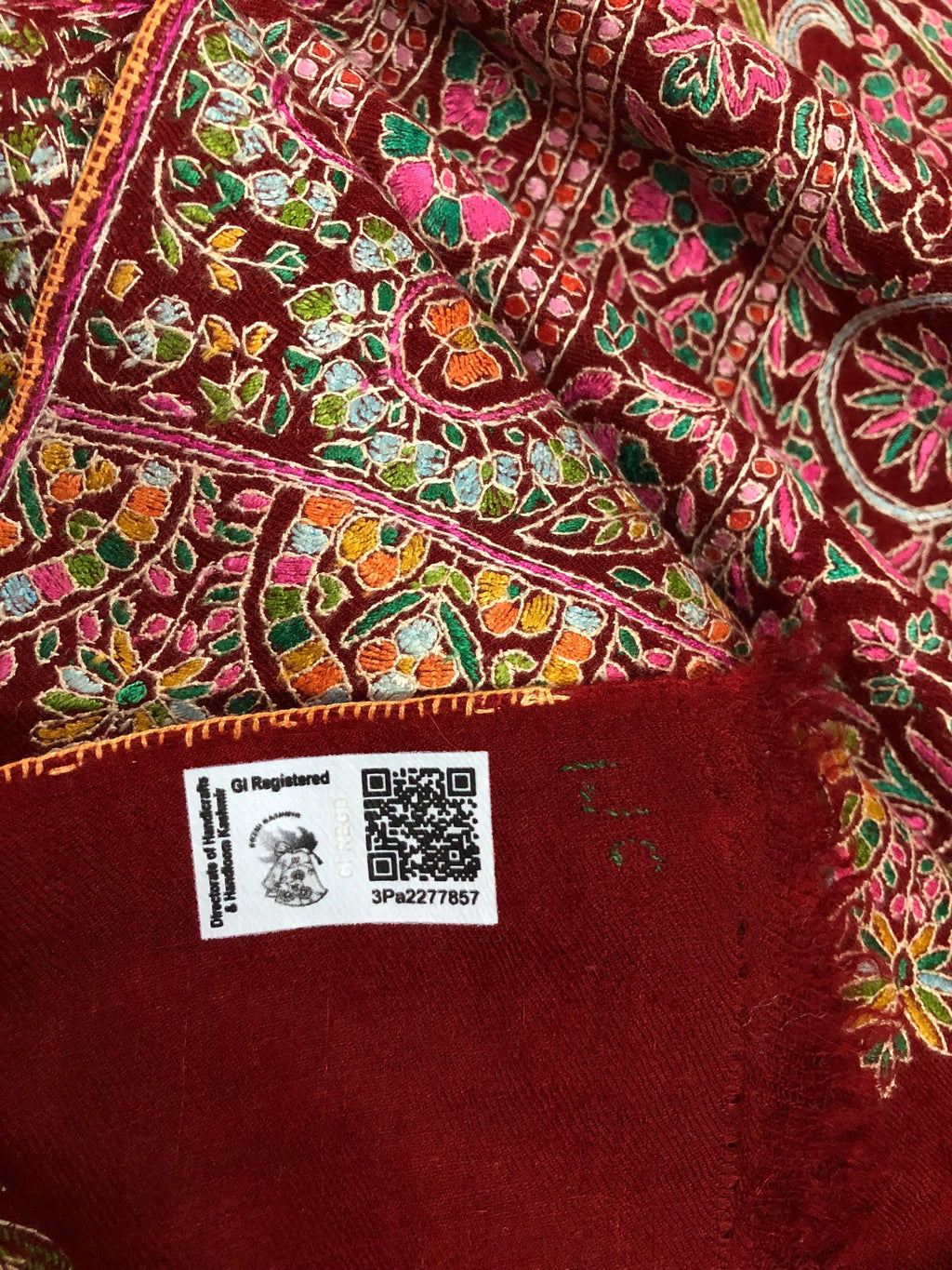 Tibetan Red GI Sozani Handcrafted Paisley Paradise Exclusive Bridal Wedding Real Pashmina Jamawar Shawl/100*204 cms