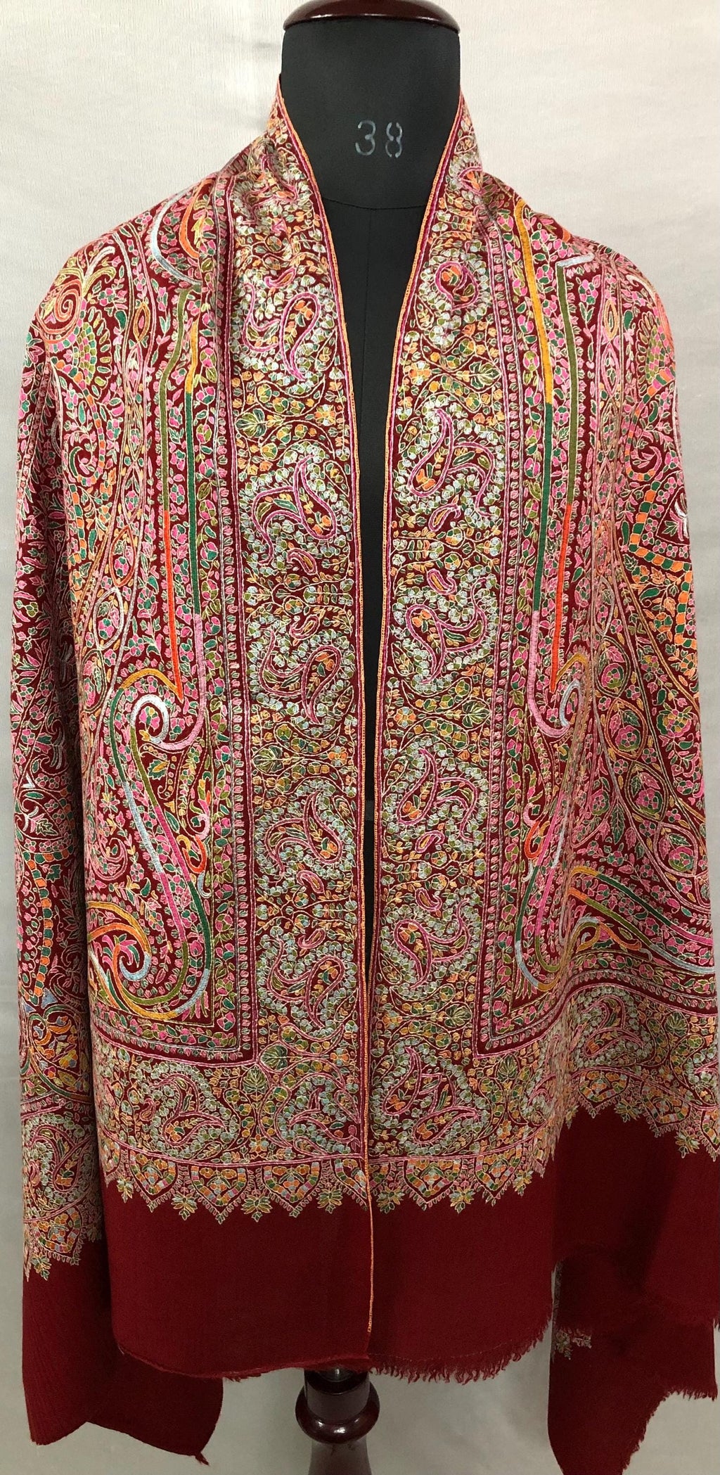 Tibetan Red GI Sozani Handcrafted Paisley Paradise Exclusive Bridal Wedding Real Pashmina Jamawar Shawl/100*204 cms
