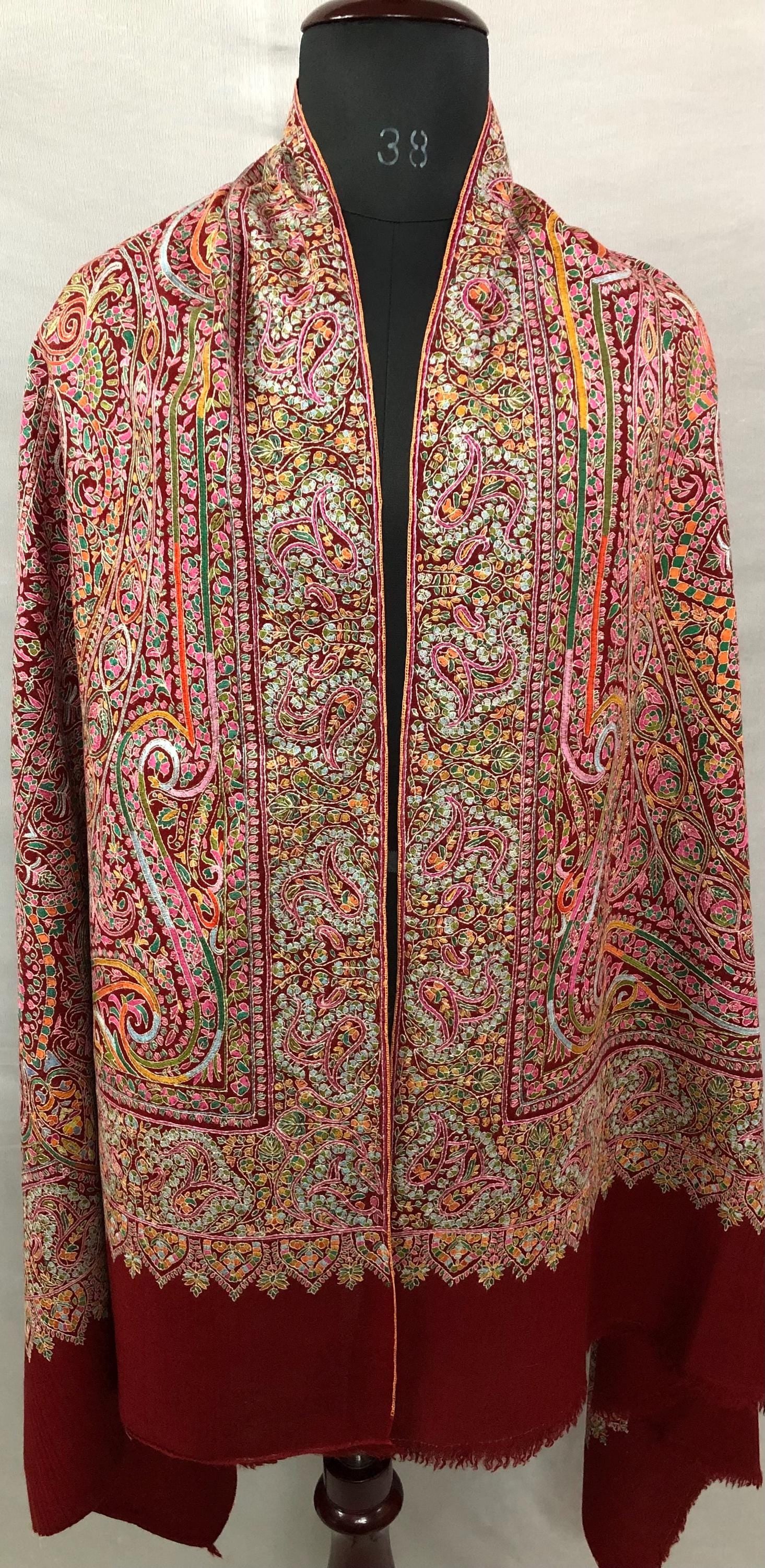 Tibetan Red GI Sozani Handcrafted Paisley Paradise Exclusive Bridal Wedding Real Pashmina Jamawar Shawl/100*204 cms