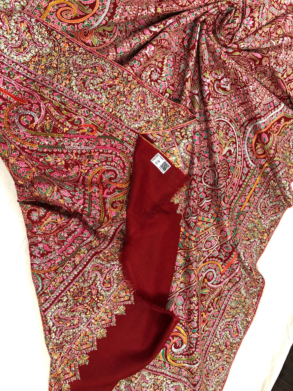 Tibetan Red GI Sozani Handcrafted Paisley Paradise Exclusive Bridal Wedding Real Pashmina Jamawar Shawl/100*204 cms
