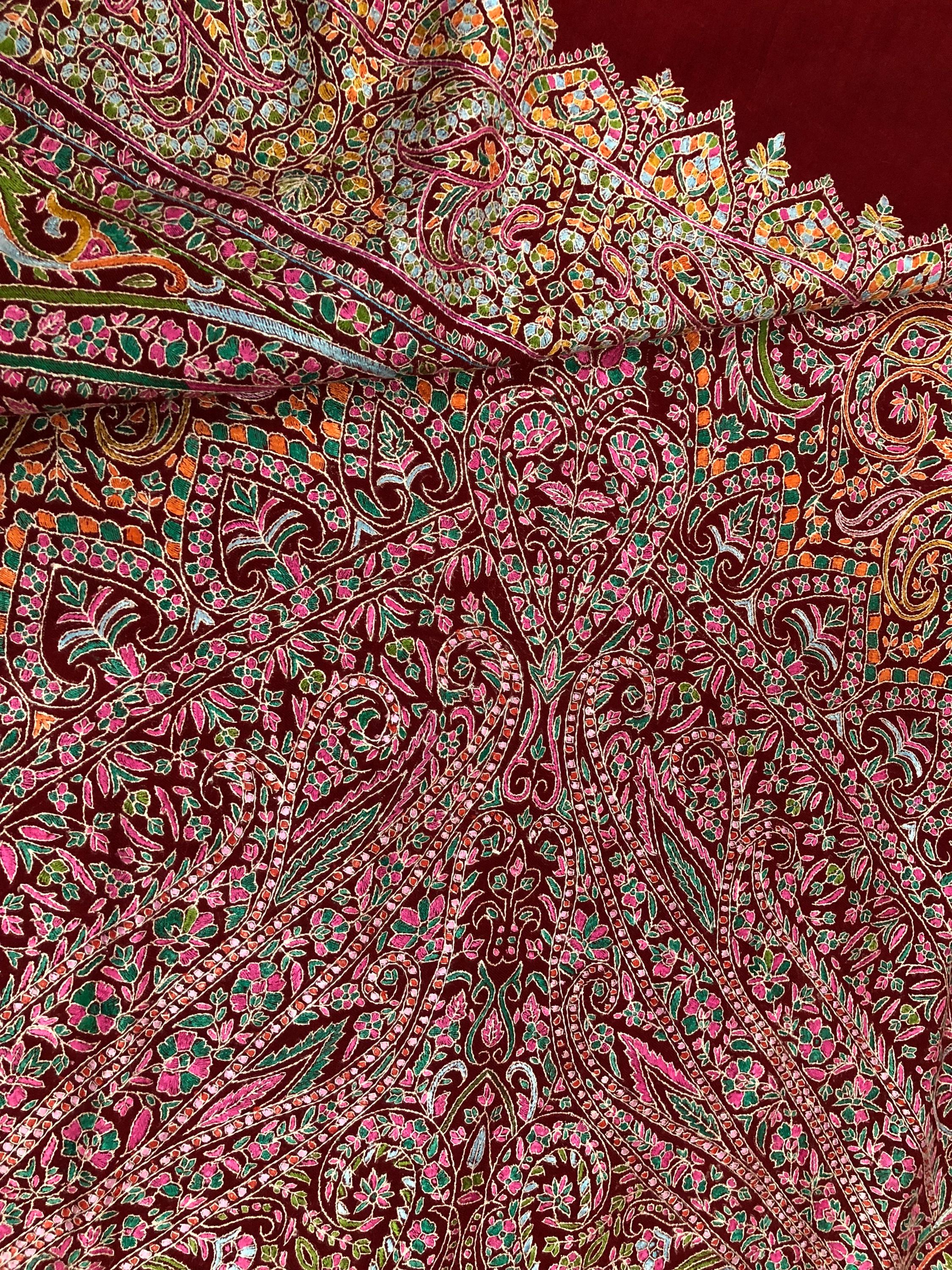 Tibetan Red GI Sozani Handcrafted Paisley Paradise Exclusive Bridal Wedding Real Pashmina Jamawar Shawl/100*204 cms
