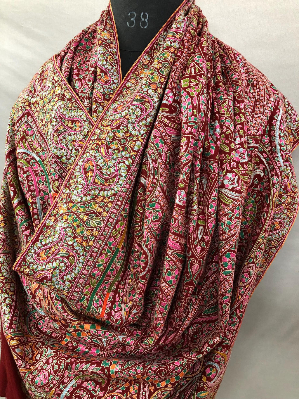 Tibetan Red GI Sozani Handcrafted Paisley Paradise Exclusive Bridal Wedding Real Pashmina Jamawar Shawl/100*204 cms