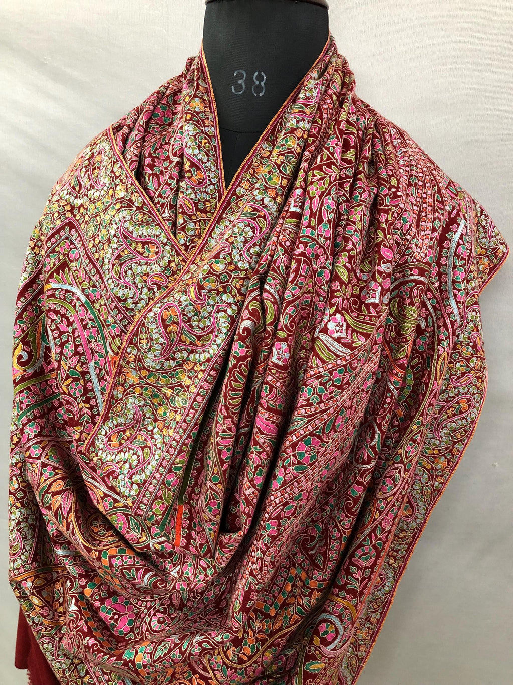 Tibetan Red GI Sozani Handcrafted Paisley Paradise Exclusive Bridal Wedding Real Pashmina Jamawar Shawl/100*204 cms