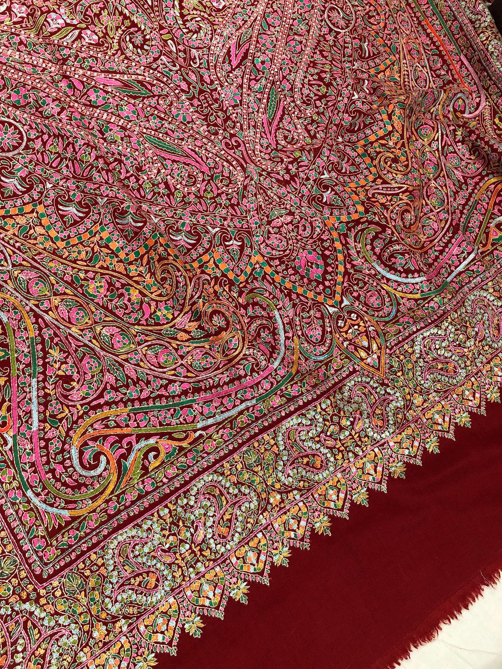 Tibetan Red GI Sozani Handcrafted Paisley Paradise Exclusive Bridal Wedding Real Pashmina Jamawar Shawl/100*204 cms
