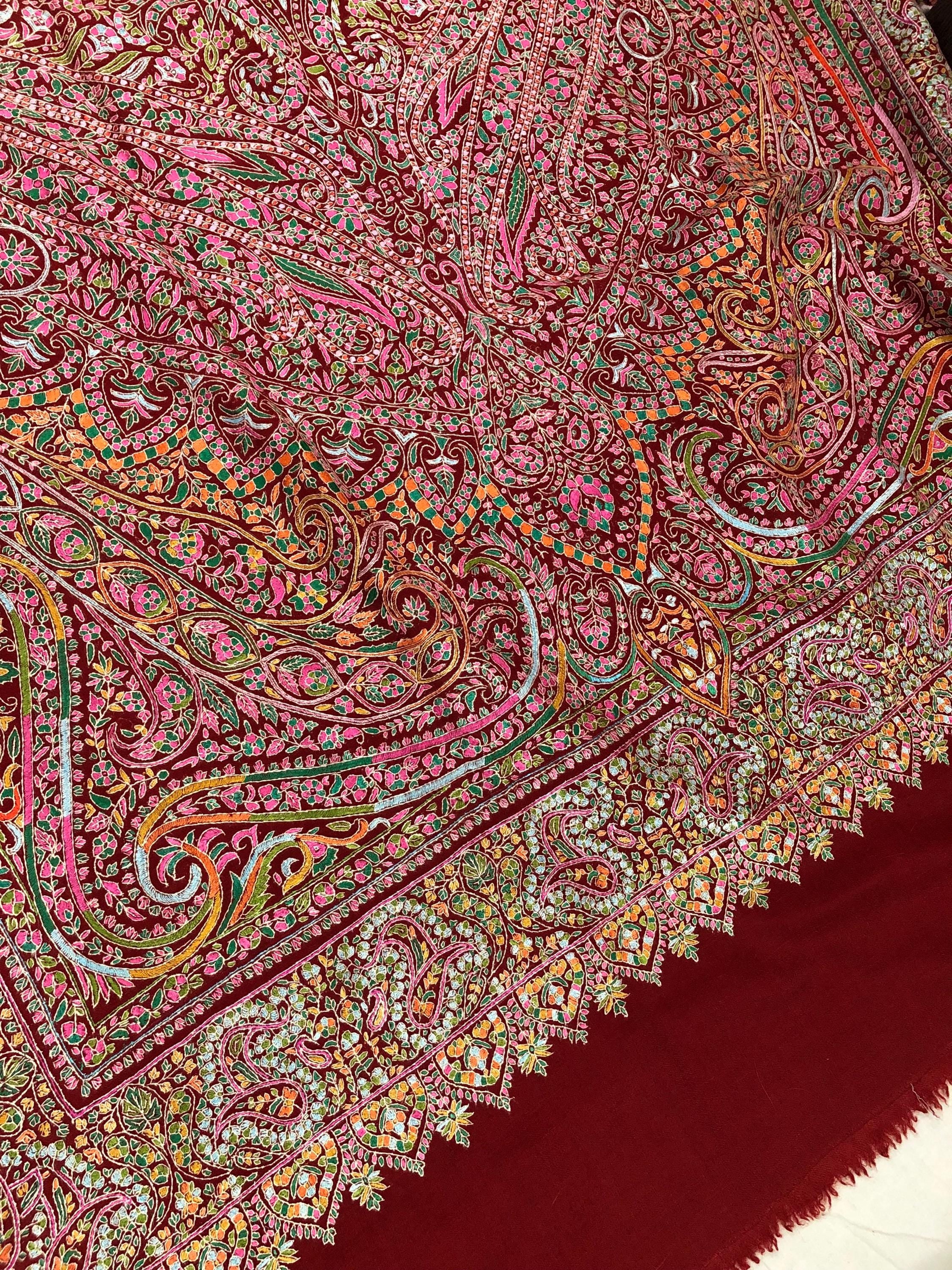Tibetan Red GI Sozani Handcrafted Paisley Paradise Exclusive Bridal Wedding Real Pashmina Jamawar Shawl/100*204 cms