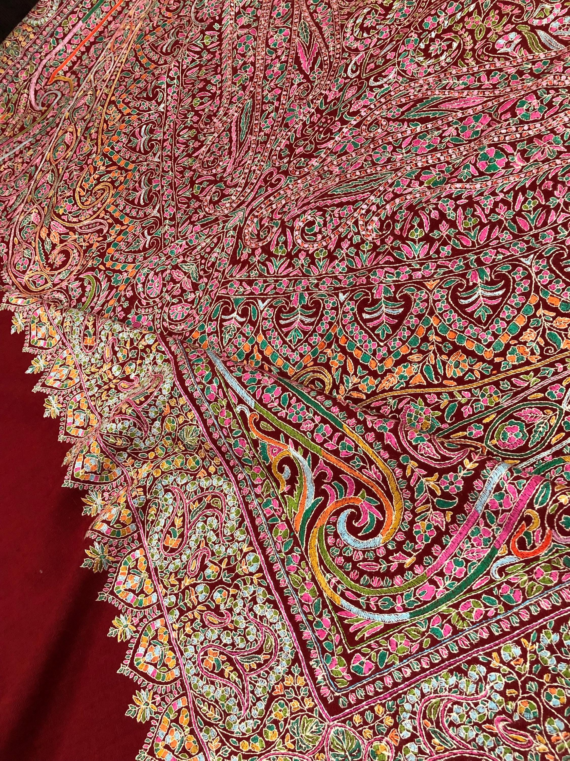 Tibetan Red GI Sozani Handcrafted Paisley Paradise Exclusive Bridal Wedding Real Pashmina Jamawar Shawl/100*204 cms