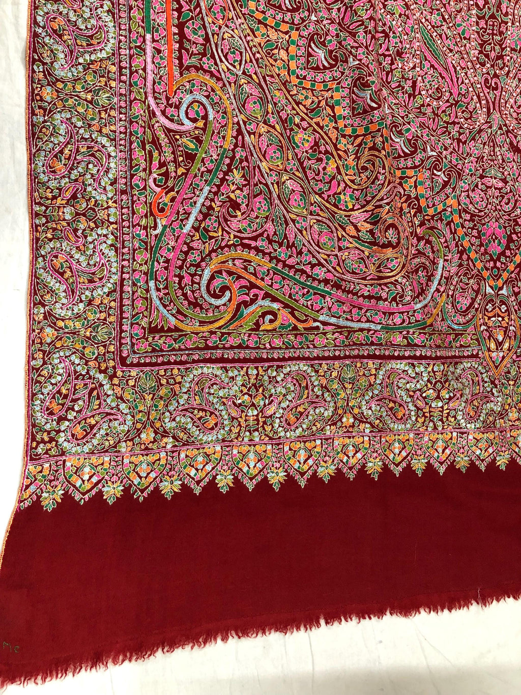 Tibetan Red GI Sozani Handcrafted Paisley Paradise Exclusive Bridal Wedding Real Pashmina Jamawar Shawl/100*204 cms