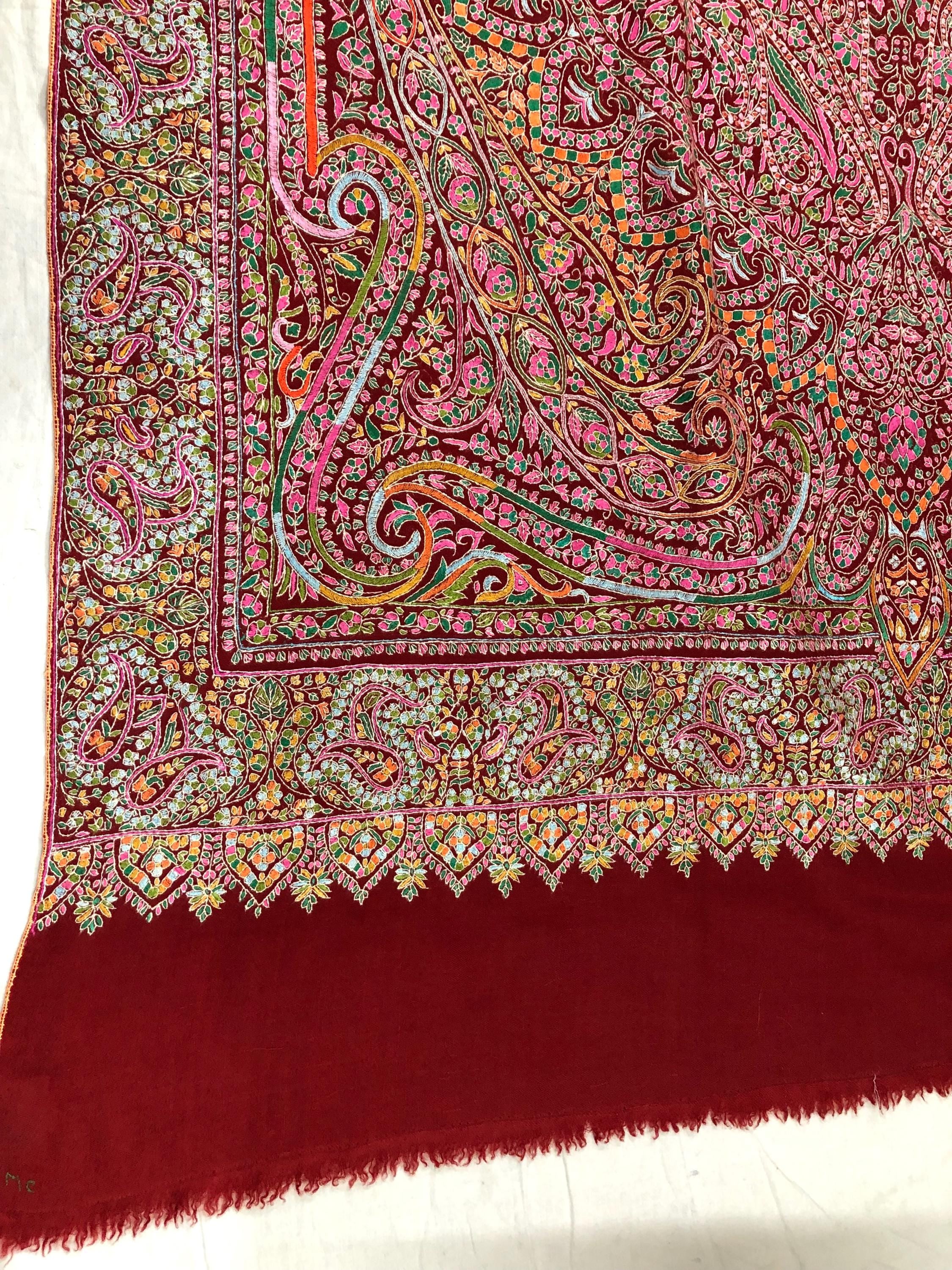 Tibetan Red GI Sozani Handcrafted Paisley Paradise Exclusive Bridal Wedding Real Pashmina Jamawar Shawl/100*204 cms