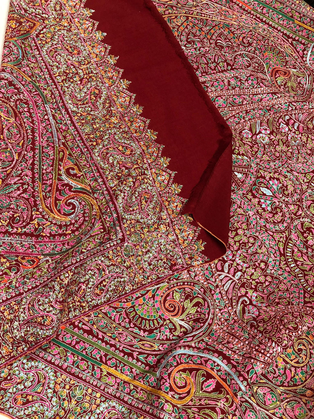 Tibetan Red GI Sozani Handcrafted Paisley Paradise Exclusive Bridal Wedding Real Pashmina Jamawar Shawl/100*204 cms