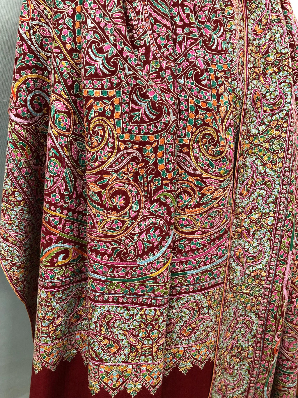 Tibetan Red GI Sozani Handcrafted Paisley Paradise Exclusive Bridal Wedding Real Pashmina Jamawar Shawl/100*204 cms