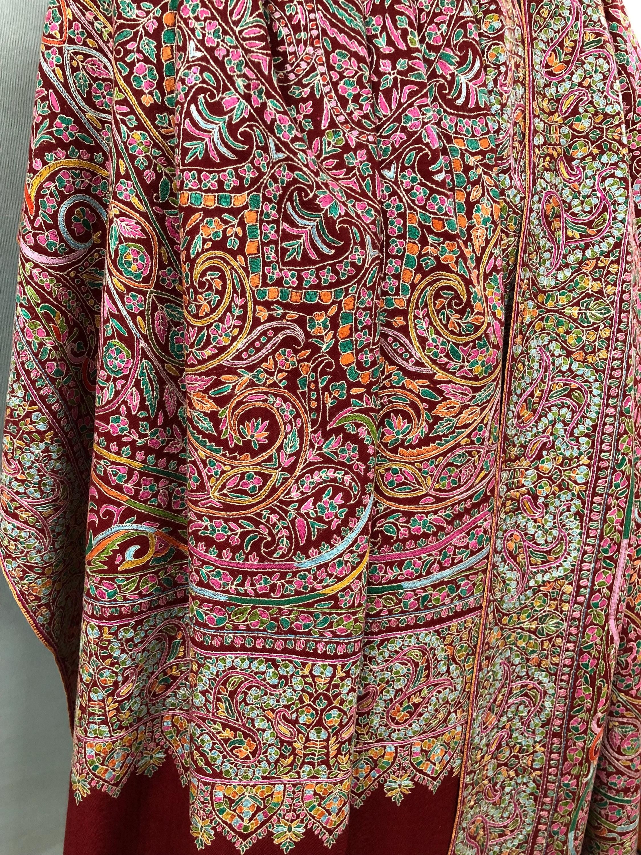 Tibetan Red GI Sozani Handcrafted Paisley Paradise Exclusive Bridal Wedding Real Pashmina Jamawar Shawl/100*204 cms