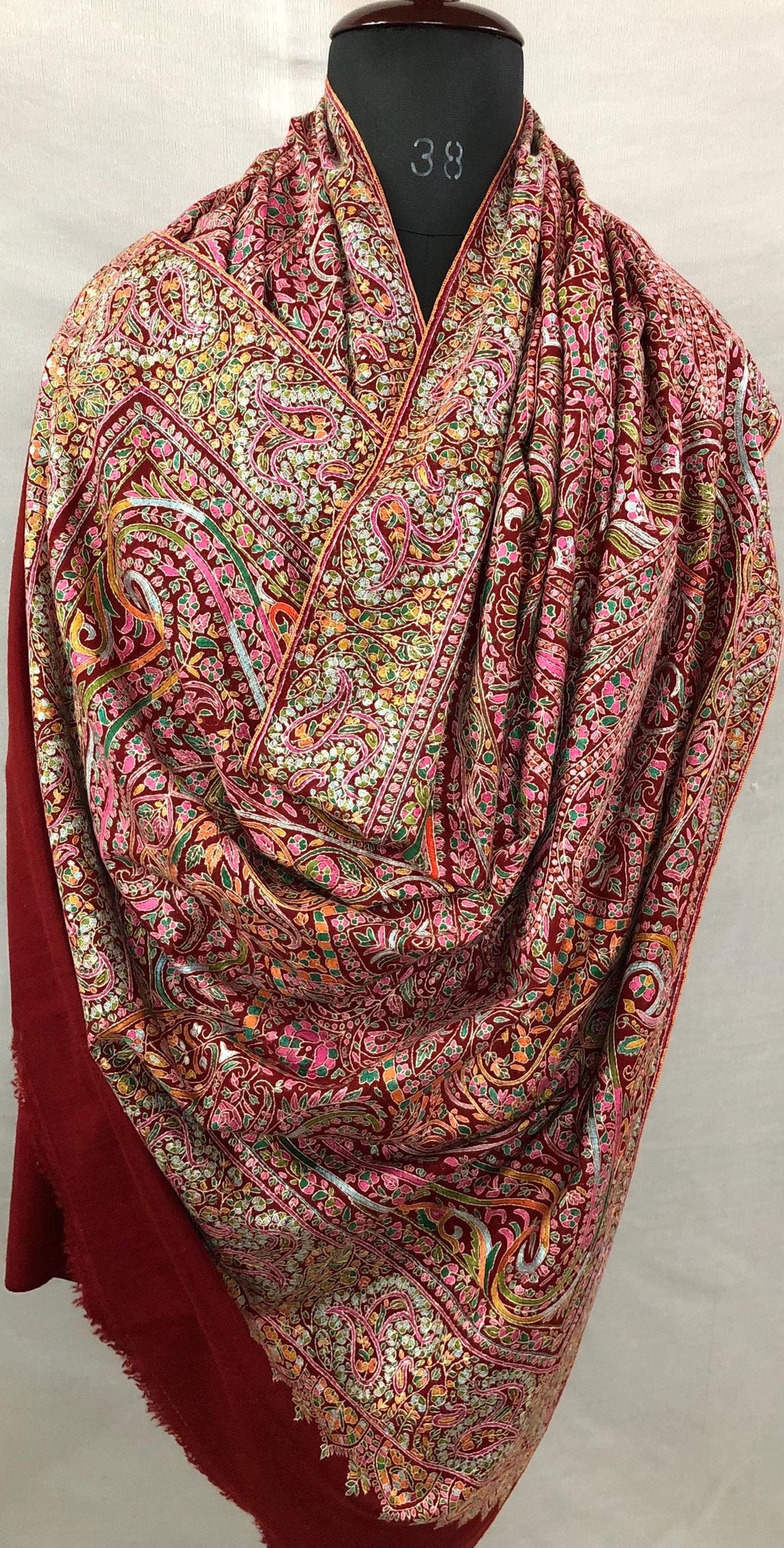 Tibetan Red GI Sozani Handcrafted Paisley Paradise Exclusive Bridal Wedding Real Pashmina Jamawar Shawl/100*204 cms