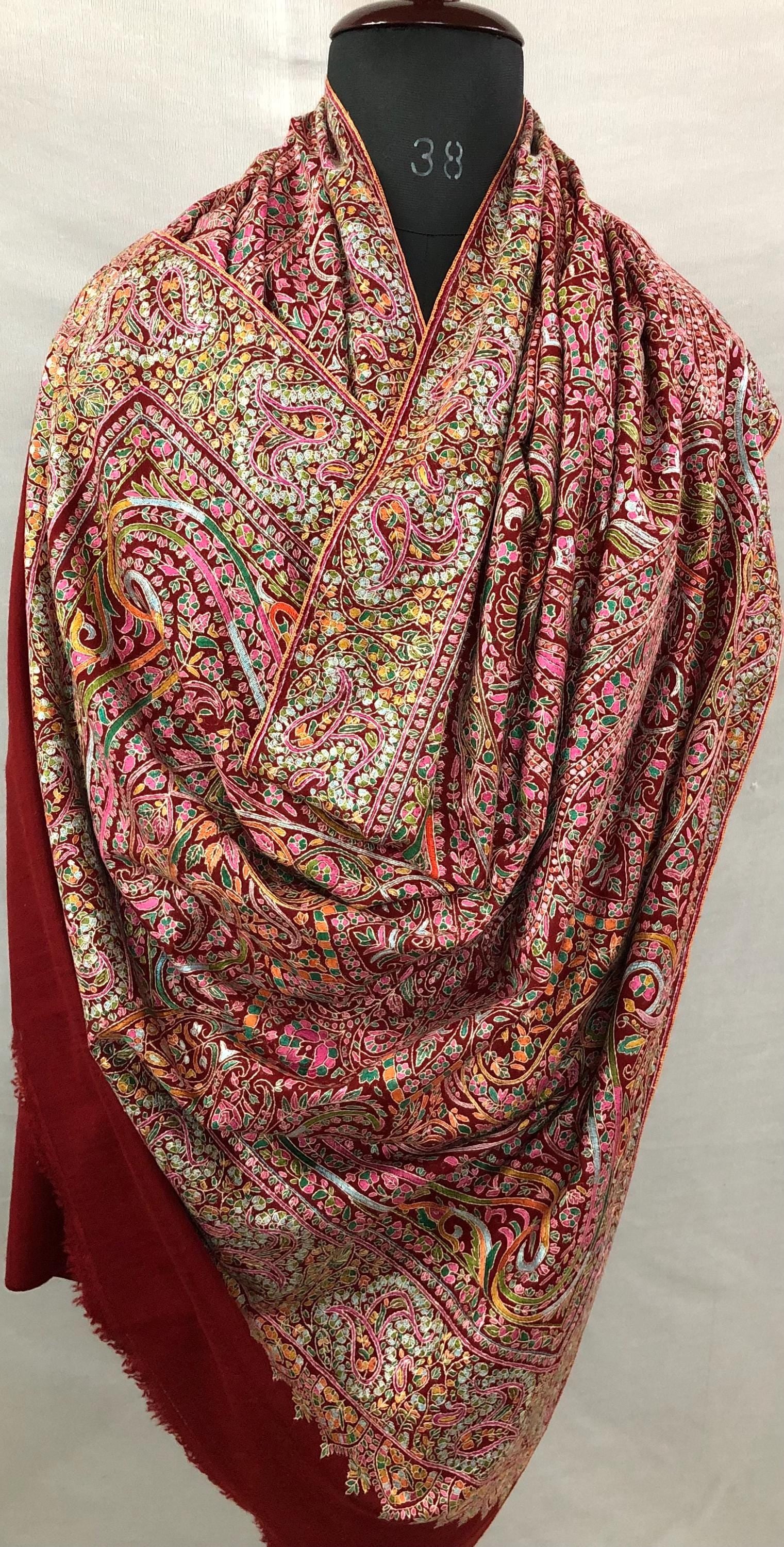 Tibetan Red GI Sozani Handcrafted Paisley Paradise Exclusive Bridal Wedding Real Pashmina Jamawar Shawl/100*204 cms