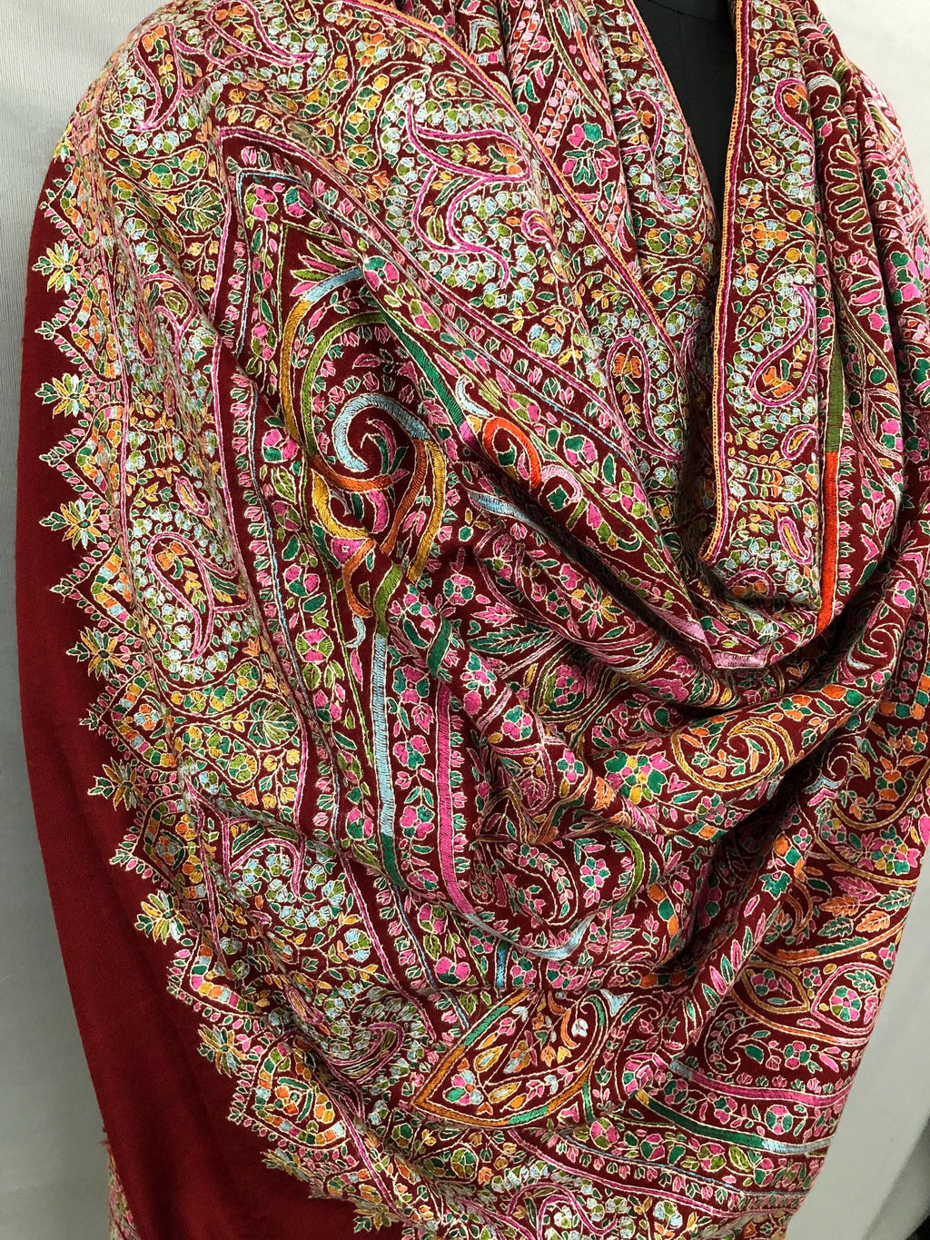 Tibetan Red GI Sozani Handcrafted Paisley Paradise Exclusive Bridal Wedding Real Pashmina Jamawar Shawl/100*204 cms