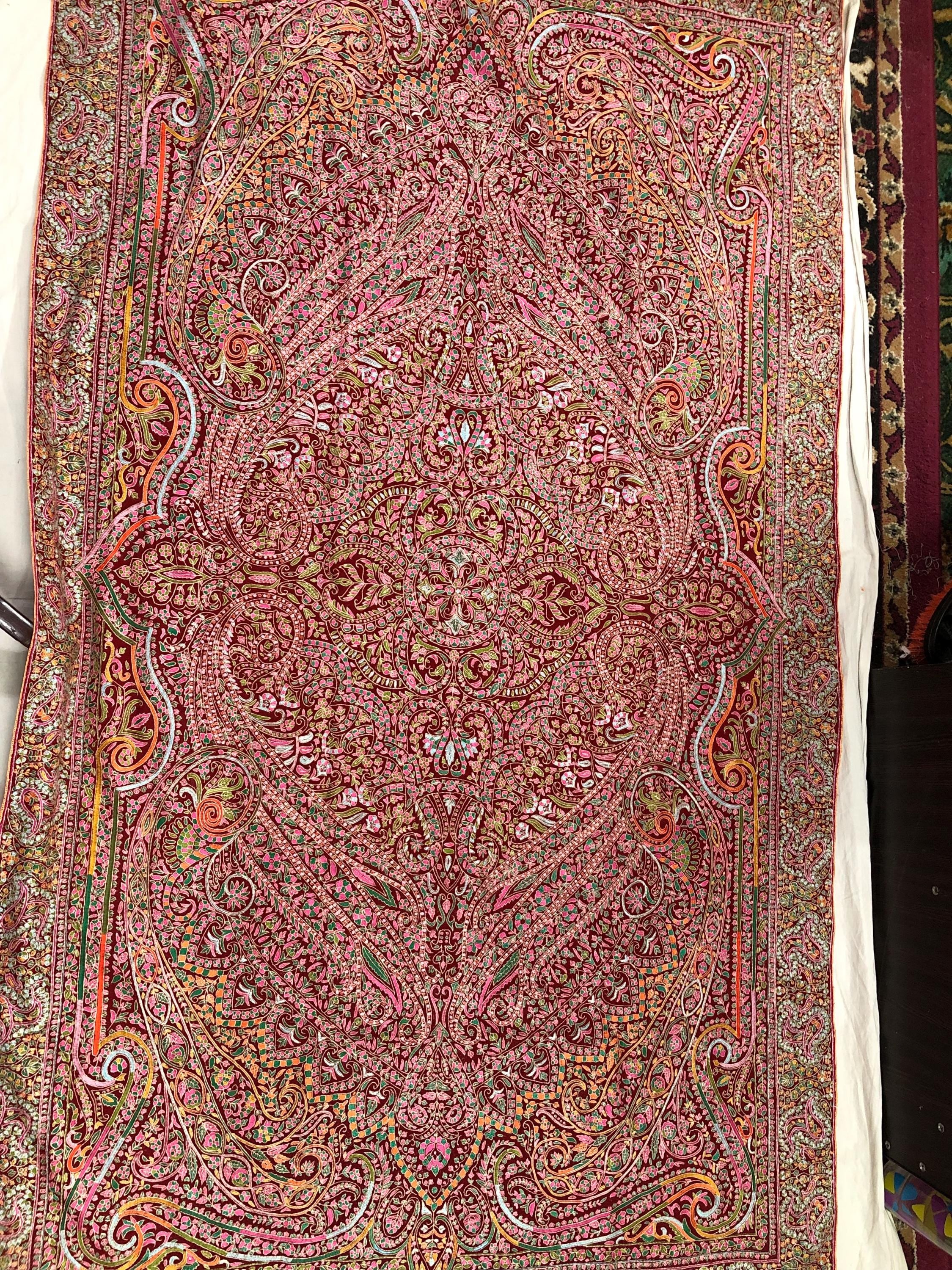 Tibetan Red GI Sozani Handcrafted Paisley Paradise Exclusive Bridal Wedding Real Pashmina Jamawar Shawl/100*204 cms