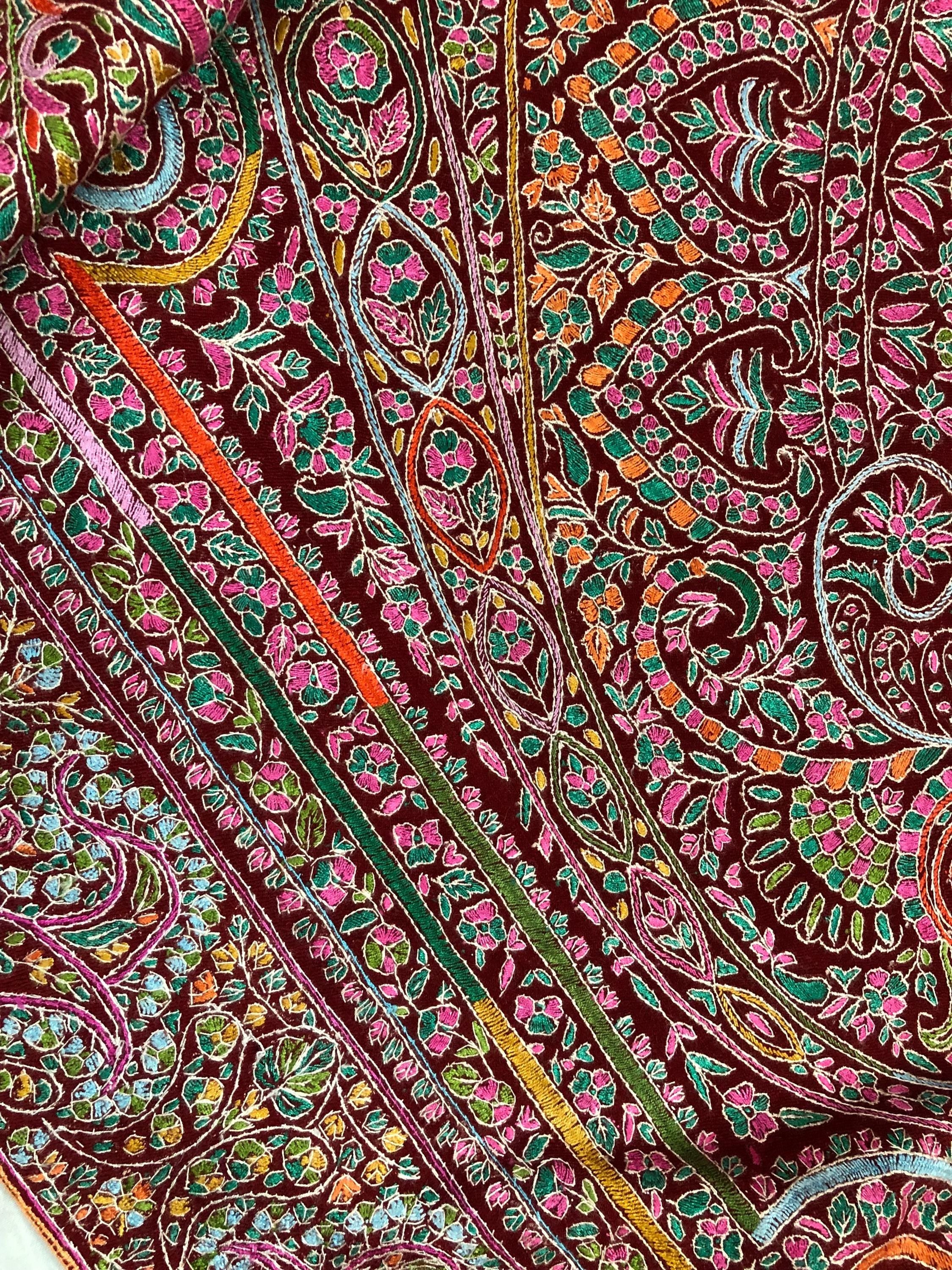 Tibetan Red GI Sozani Handcrafted Paisley Paradise Exclusive Bridal Wedding Real Pashmina Jamawar Shawl/100*204 cms