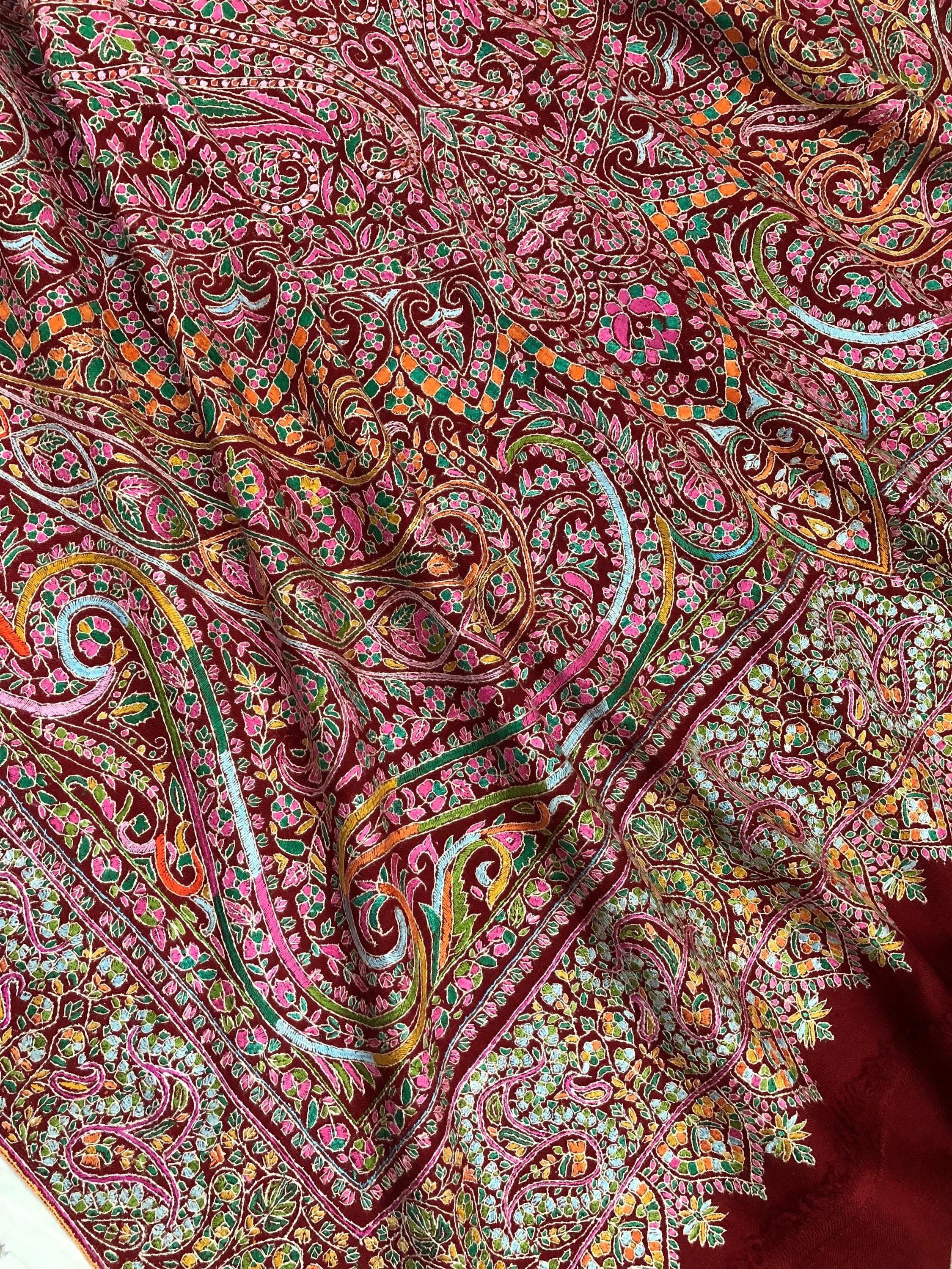 Tibetan Red GI Sozani Handcrafted Paisley Paradise Exclusive Bridal Wedding Real Pashmina Jamawar Shawl/100*204 cms