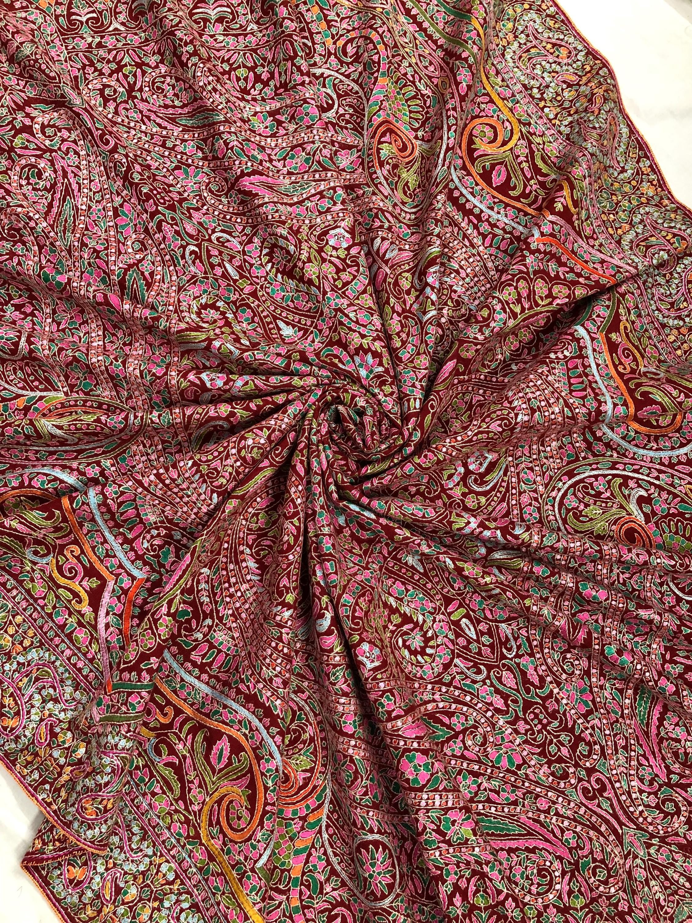 Tibetan Red GI Sozani Handcrafted Paisley Paradise Exclusive Bridal Wedding Real Pashmina Jamawar Shawl/100*204 cms