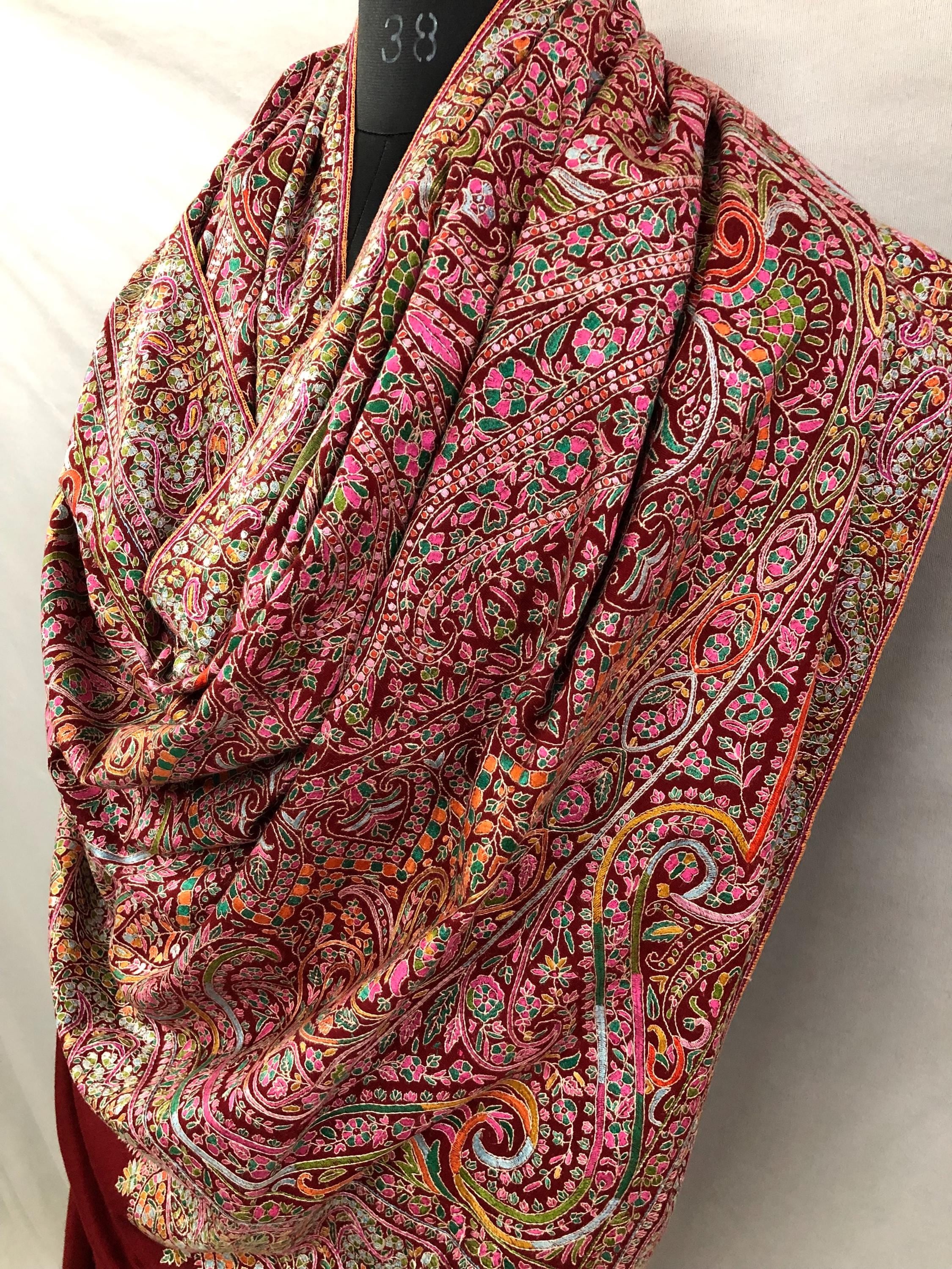 Tibetan Red GI Sozani Handcrafted Paisley Paradise Exclusive Bridal Wedding Real Pashmina Jamawar Shawl/100*204 cms