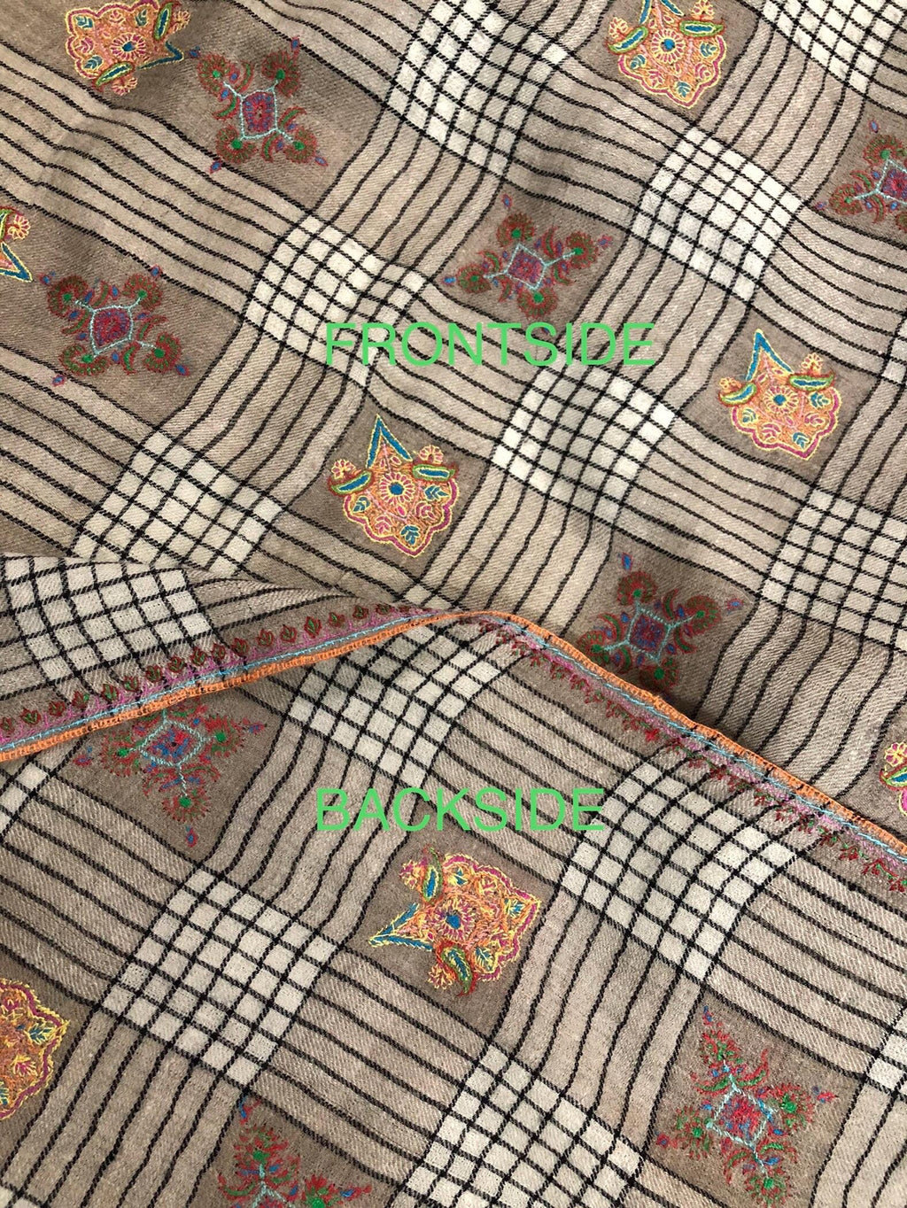 Oversized, Extra Large Natural Royale Kashmir Checkered Embroidered Authentic Cashmere Pashmina Handmade Shawl, Wedding Wrap | 132 X 280 cms