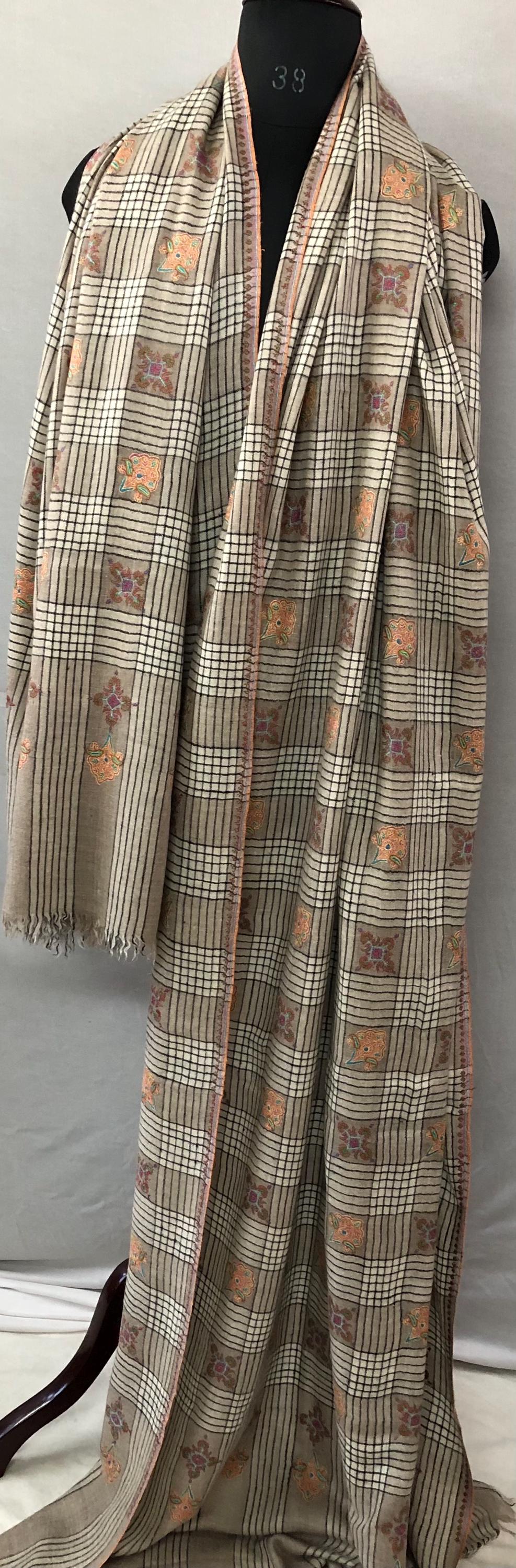 Oversized, Extra Large Natural Royale Kashmir Checkered Embroidered Authentic Cashmere Pashmina Handmade Shawl, Wedding Wrap | 132 X 280 cms